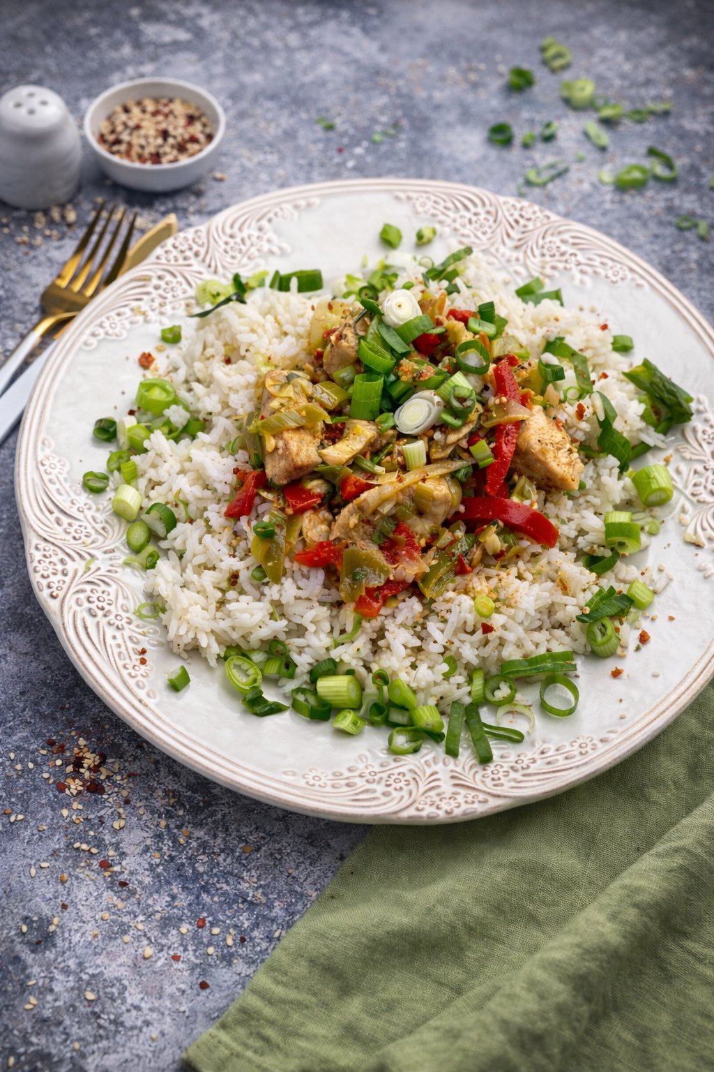 Nasi goreng - ryż po idonezyjsku z warzywami i kurczakiem podany z słodko-pikantnym sosem chili