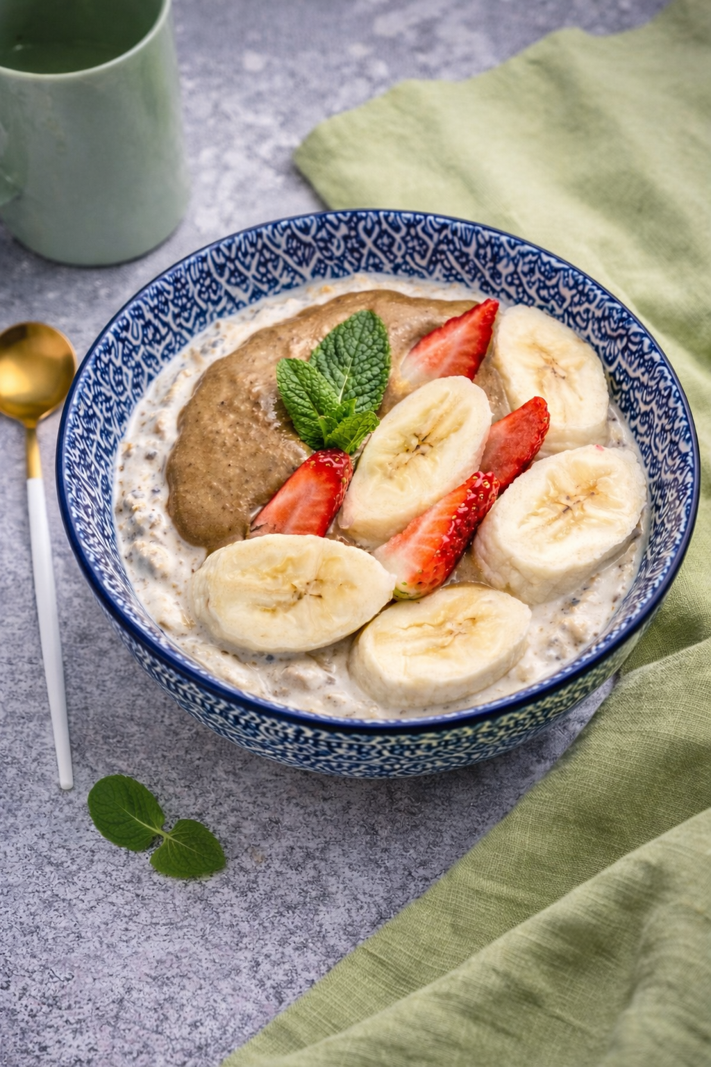 Kremowa owsianka z chia a'la banoffee z karmelem z daktyli medjool, masłem fistaszkowym i solą morską