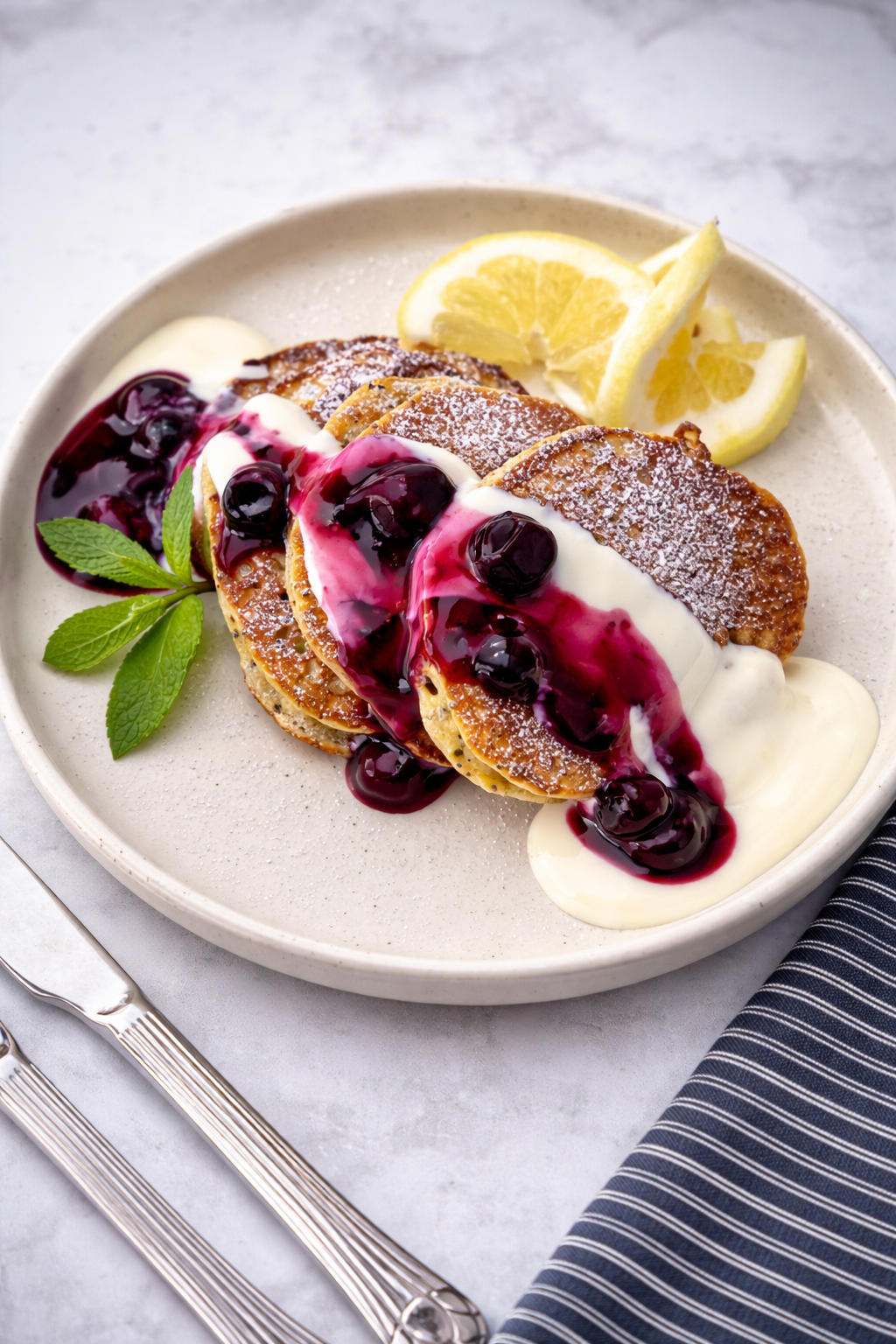Cytrynowe placuszki z makiem podane z waniliowym serkiem i domową frużeliną z jagód