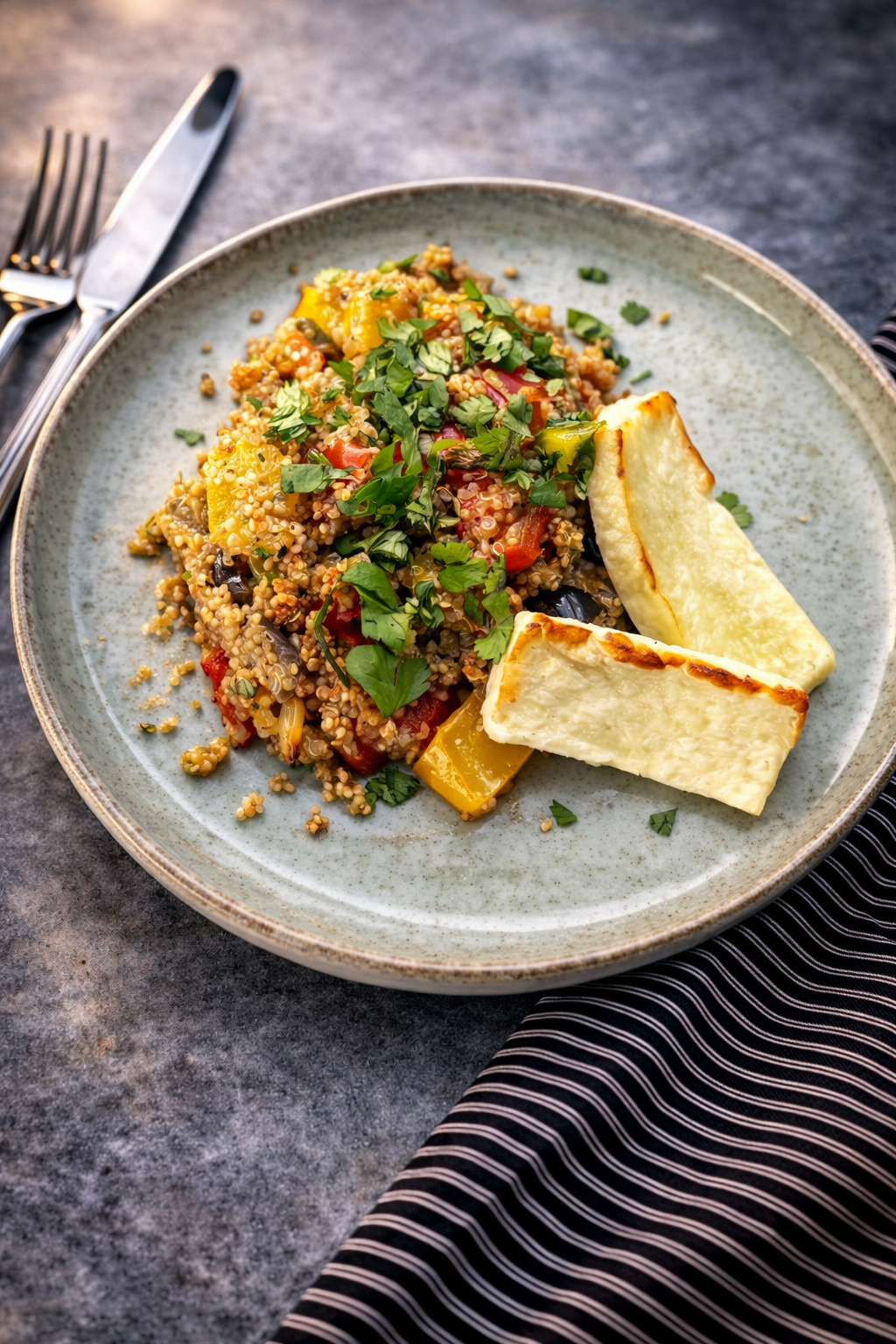 Aromatyczna komosa zapieczona z warzywami i kolendrą podana z halloumi