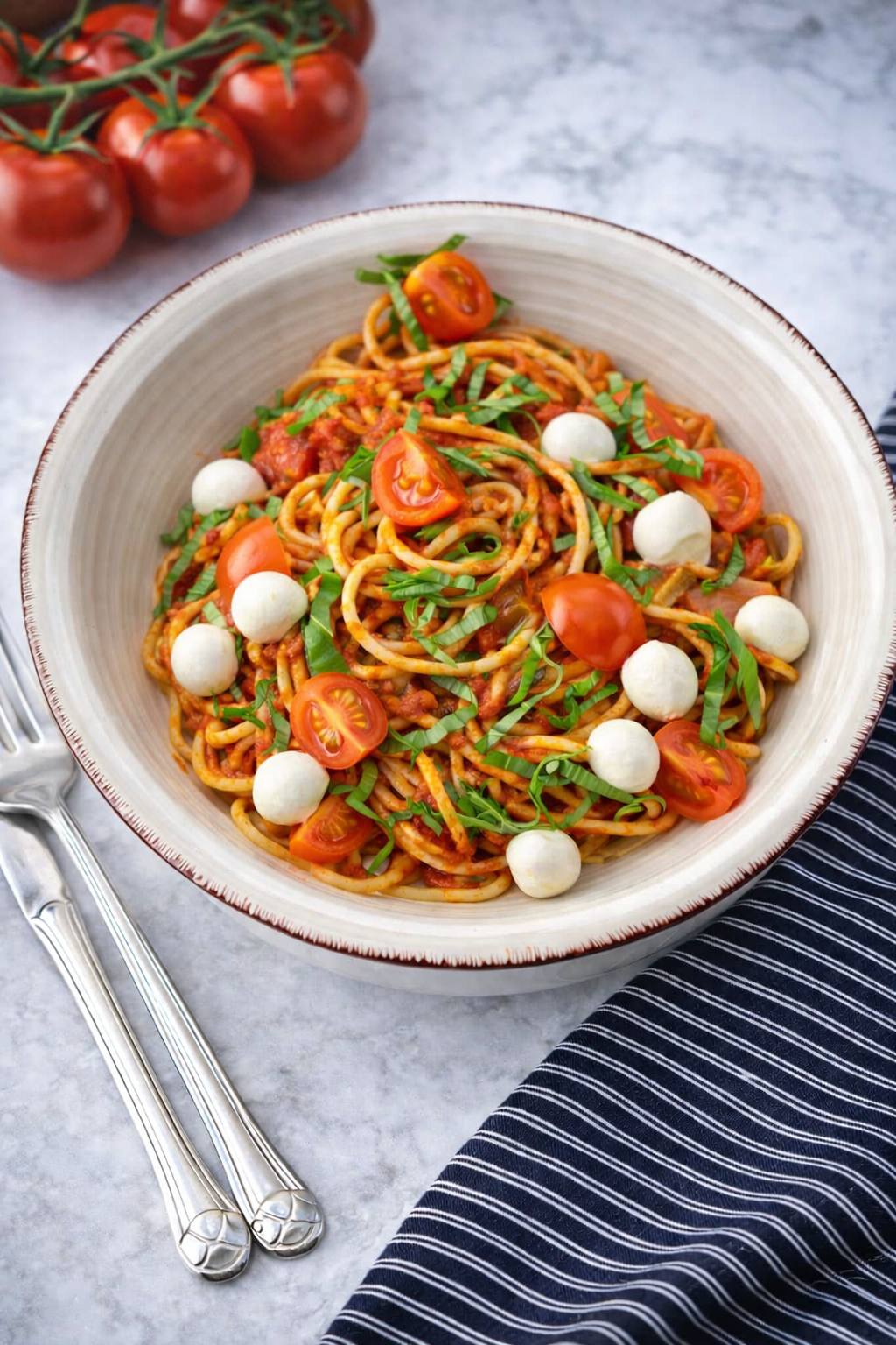 Spaghetti diavolo z makaronem pełnoziarnistym i mozzarellą mini
