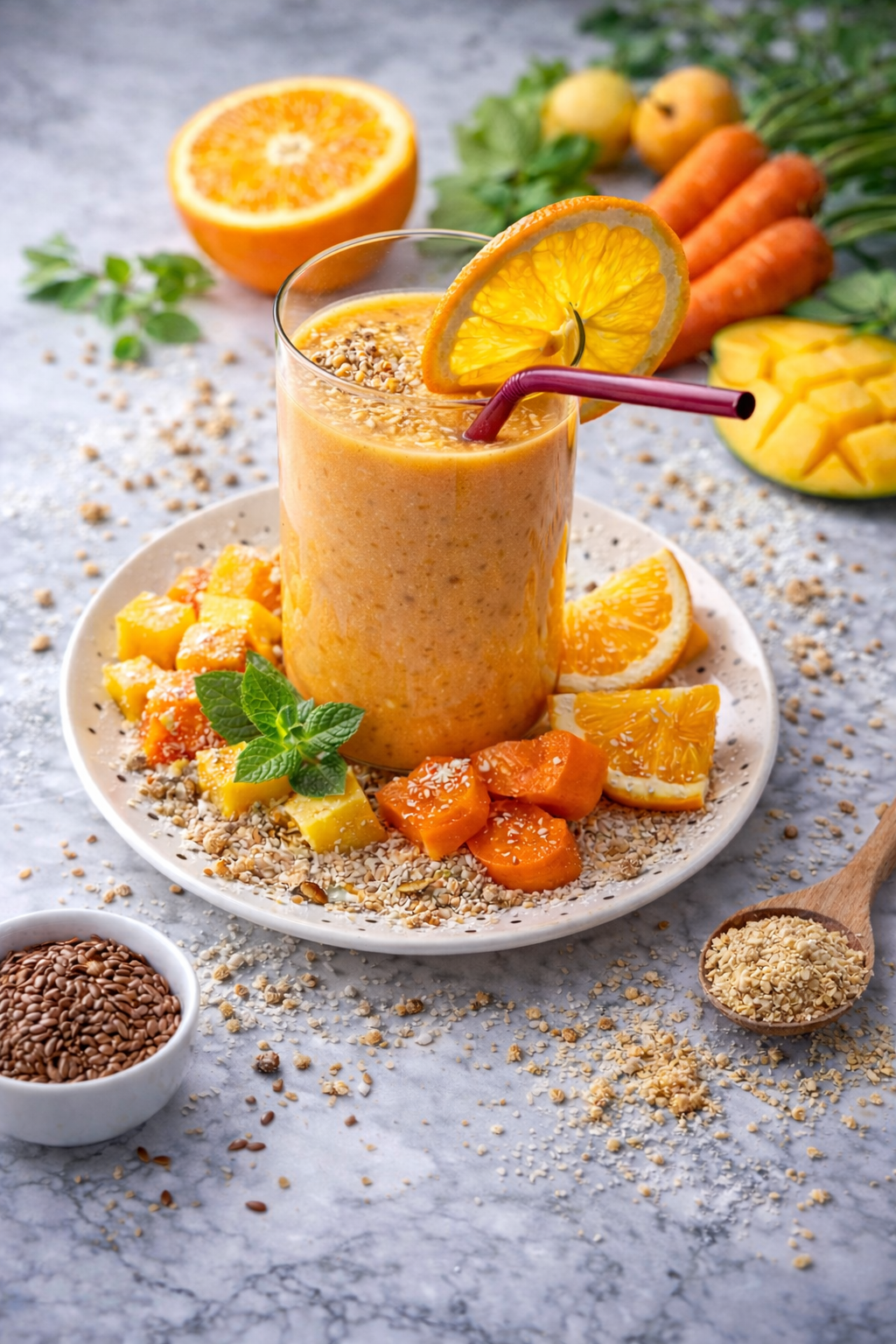 Smoothie mango-pomarańcza-marchewka z zarodkami pszennymi i świeżo mielonym siemieniem lnianym