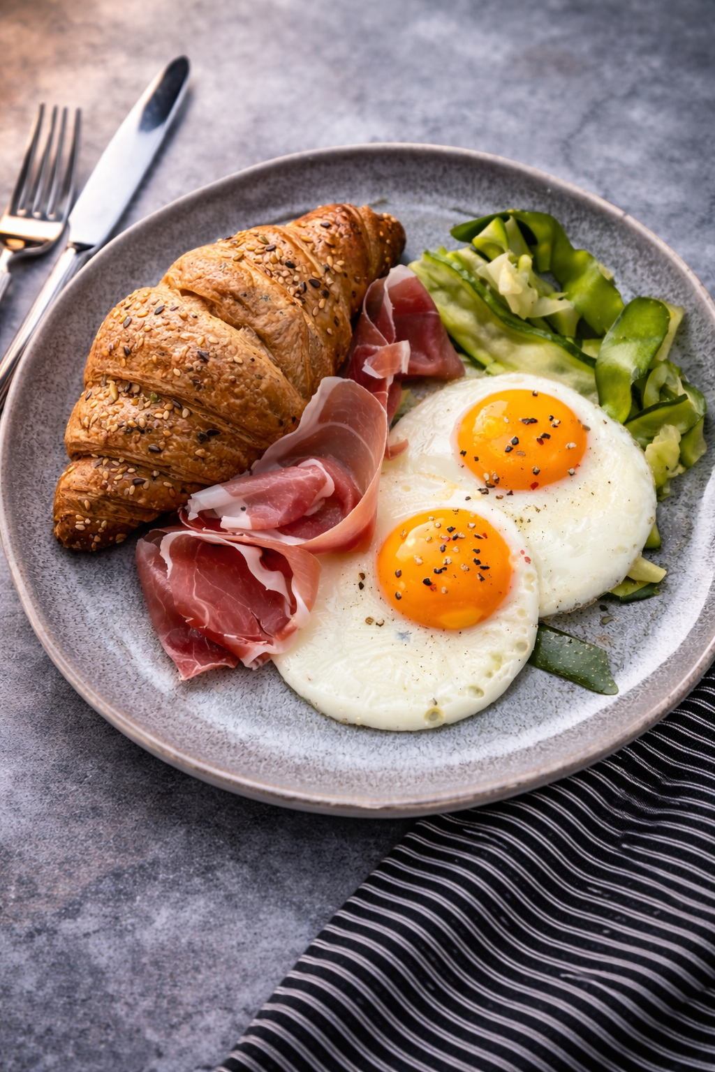 Jajko sadzone na pappardelle z cukinii z szynką serrano i croissantem wielozbożowym