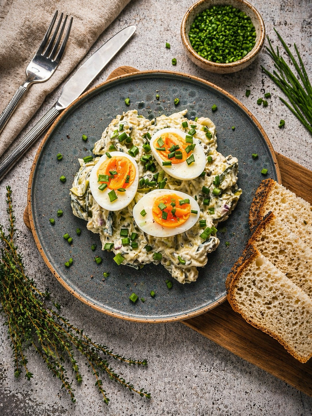 Jajka gotowane na miękko z warzywami w sosie tatarskim podane z pieczywem bezglutenowym