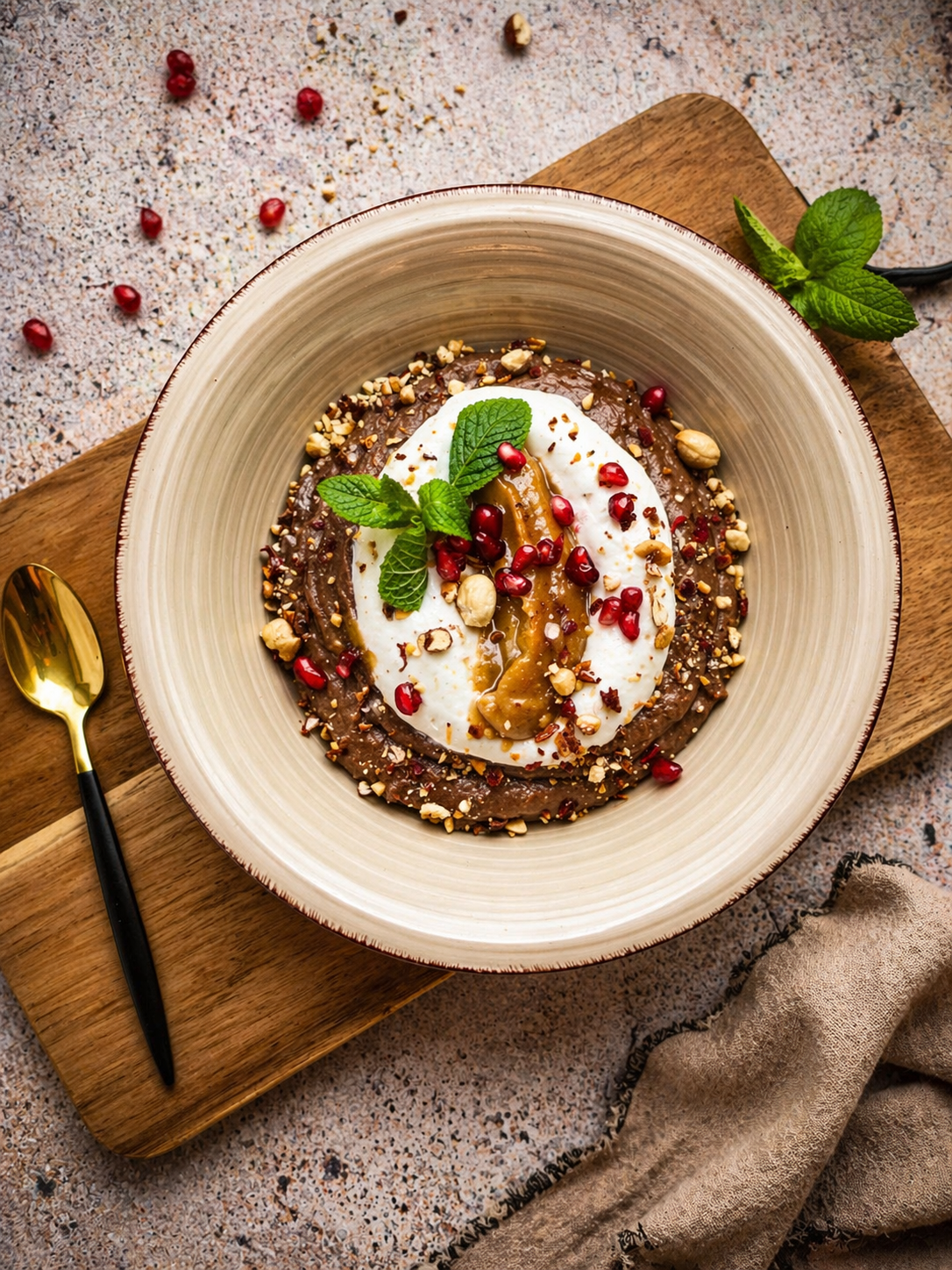 Czekoladowa gryczanka na napoju roślinnym  z karmelem daktylowym i orzechami