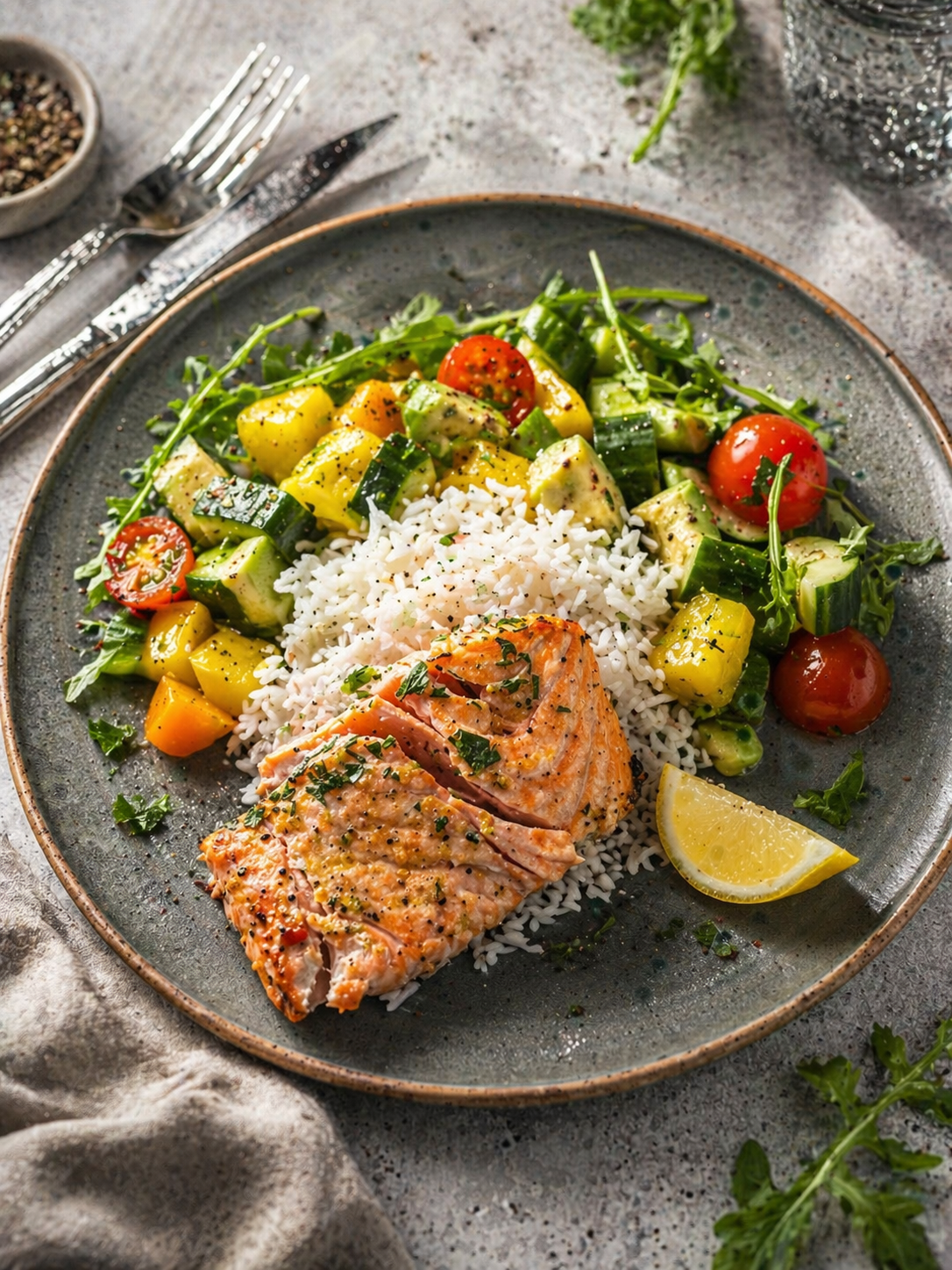 Superfood bowl z łososiem pieczonym, mango, awokado i orzeszkami pinii