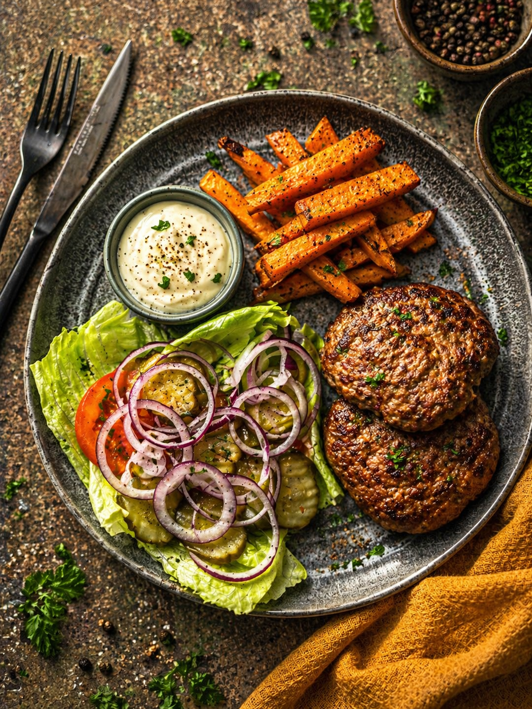 Burger z indyka podany z frytkami z batatów, świeżymi warzywami i dipem jogurtowym