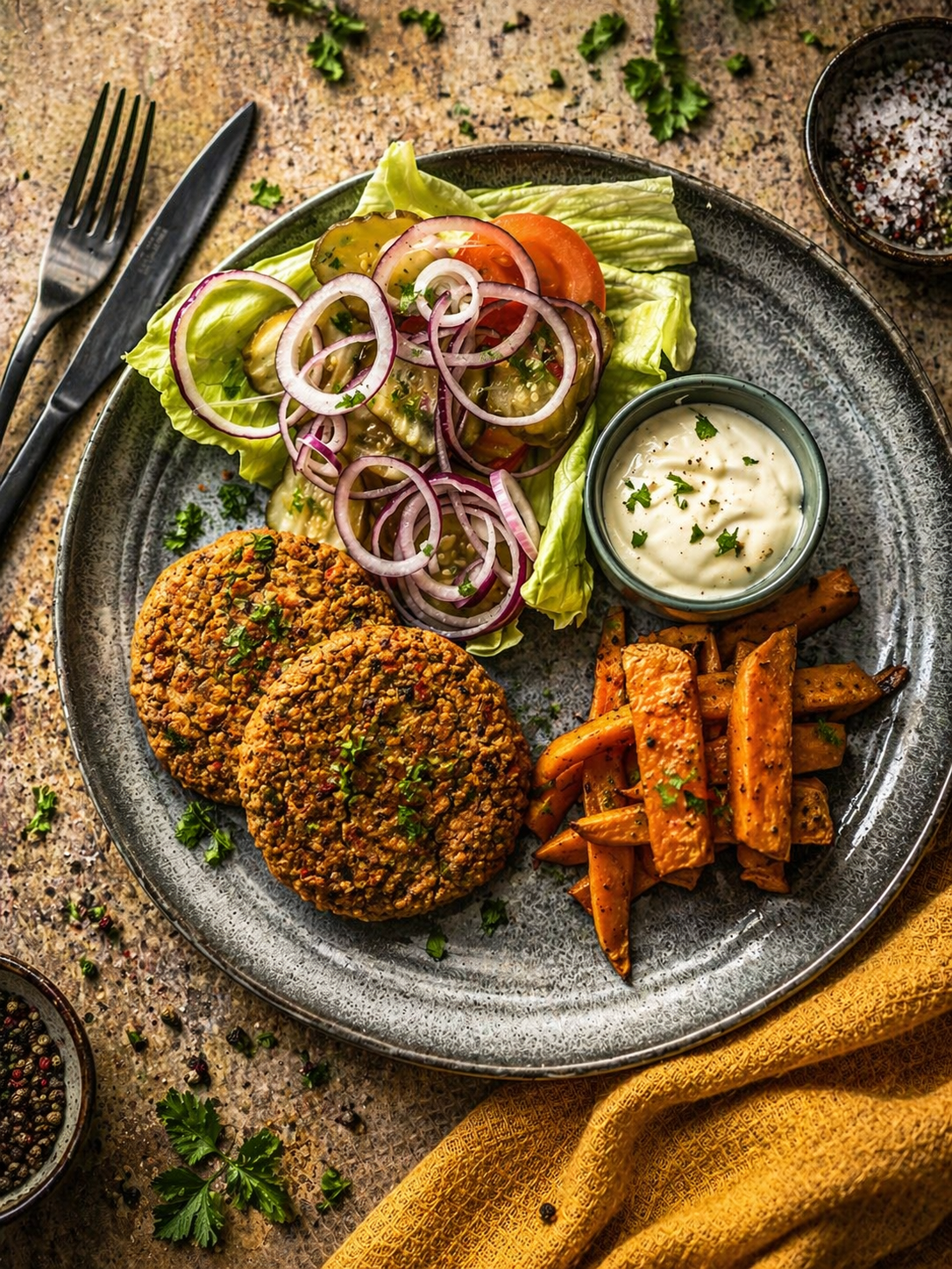 Burger z fasoli podany z frytkami z batatów, świeżymi warzywami i dipem jogurtowym