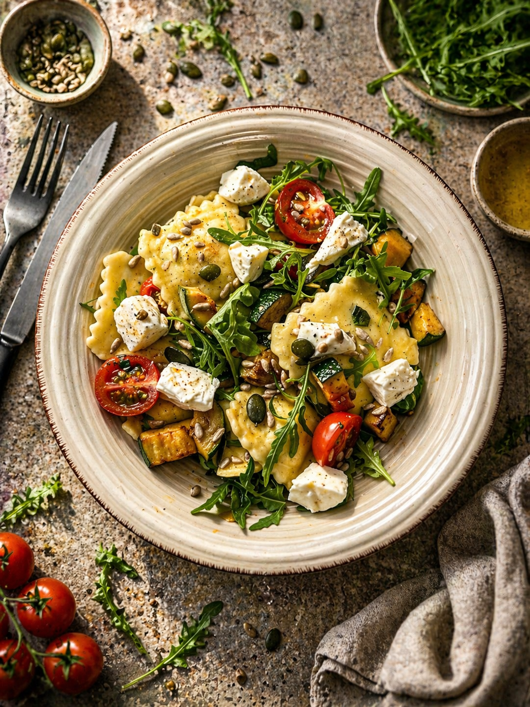 Sałatka z zielonym szpinakowym ravioli, cukinią i pomidorkami