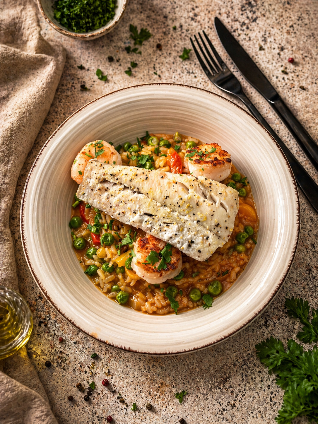 Hiszpańska paella z dorszem, krewetkami i warzywami