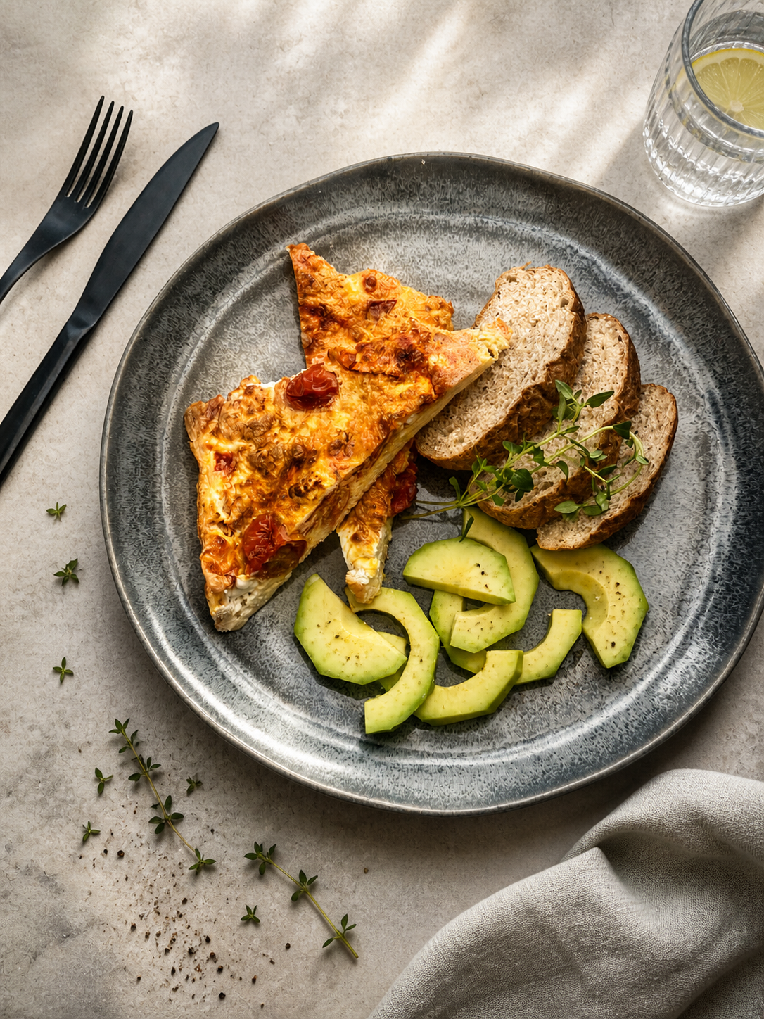 Frittata po hiszpańsku z chorizo, fetą i kolendrą podana z grahamką i awokado