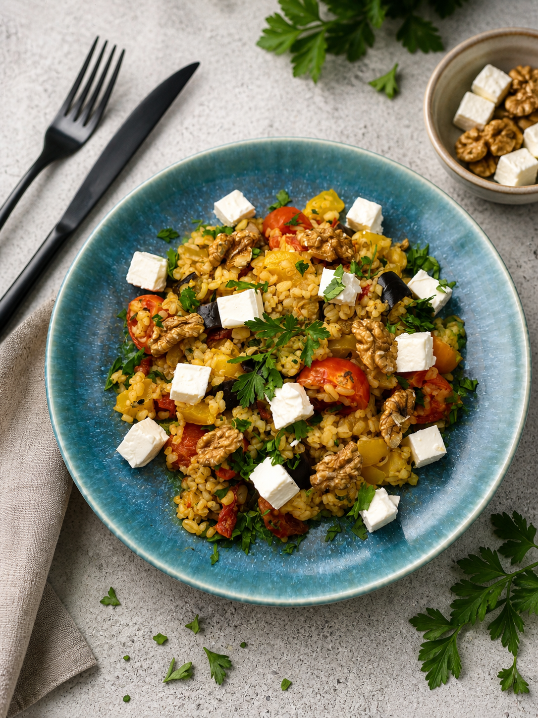 Sałatka z kaszą bulgur, bakłażanem, papryką i serem feta