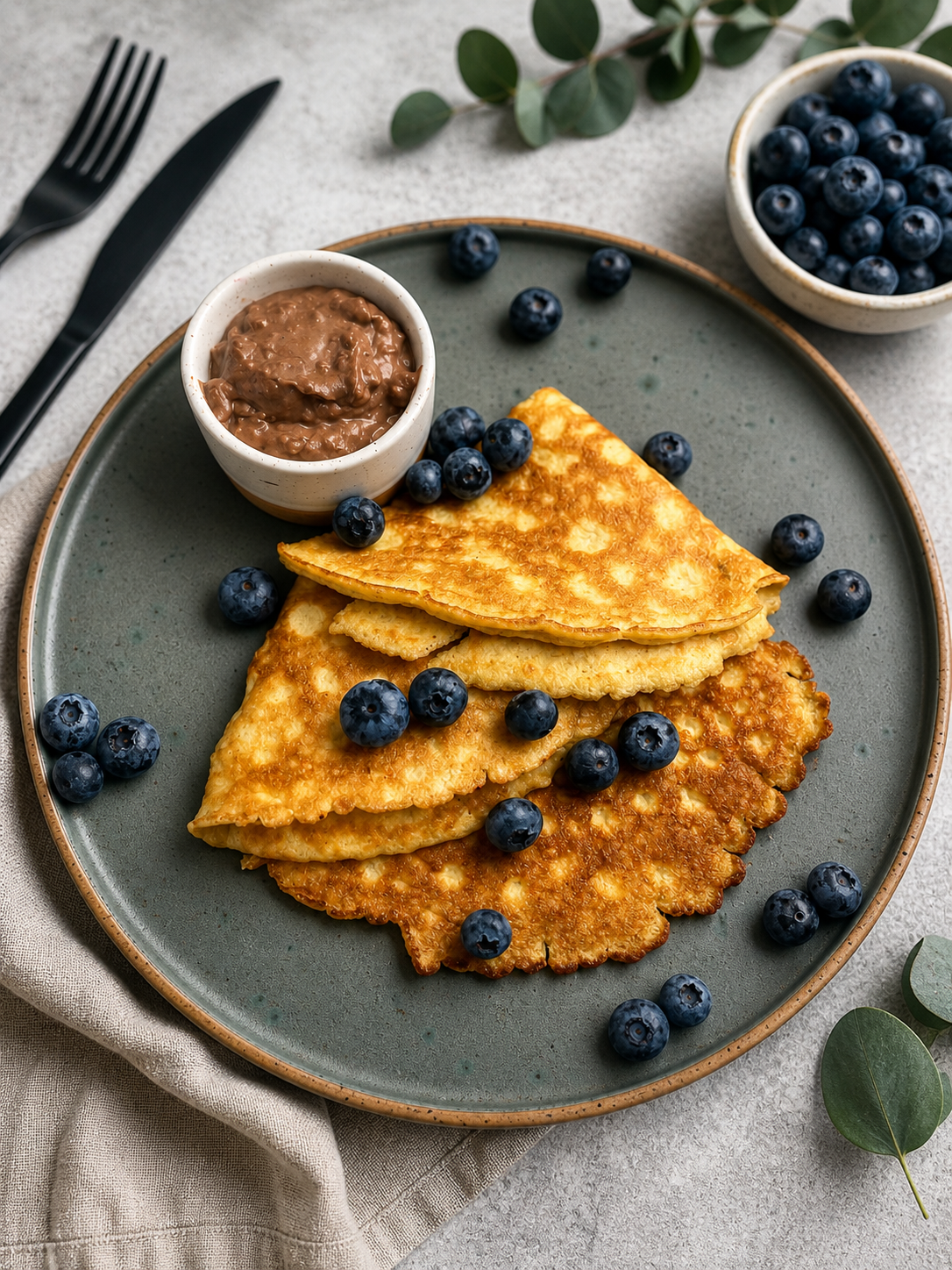 Omlet na słodko low carb z patelni z sosem orzechowo-kakaowym i borówkami