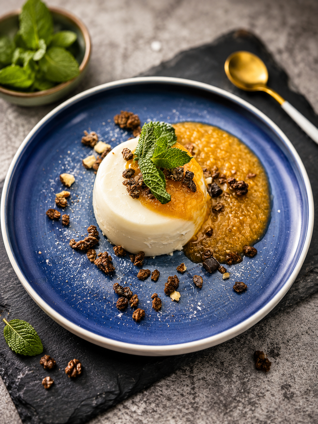 Panna cotta na jogurcie roślinnym z morelowym sosem i migdałami