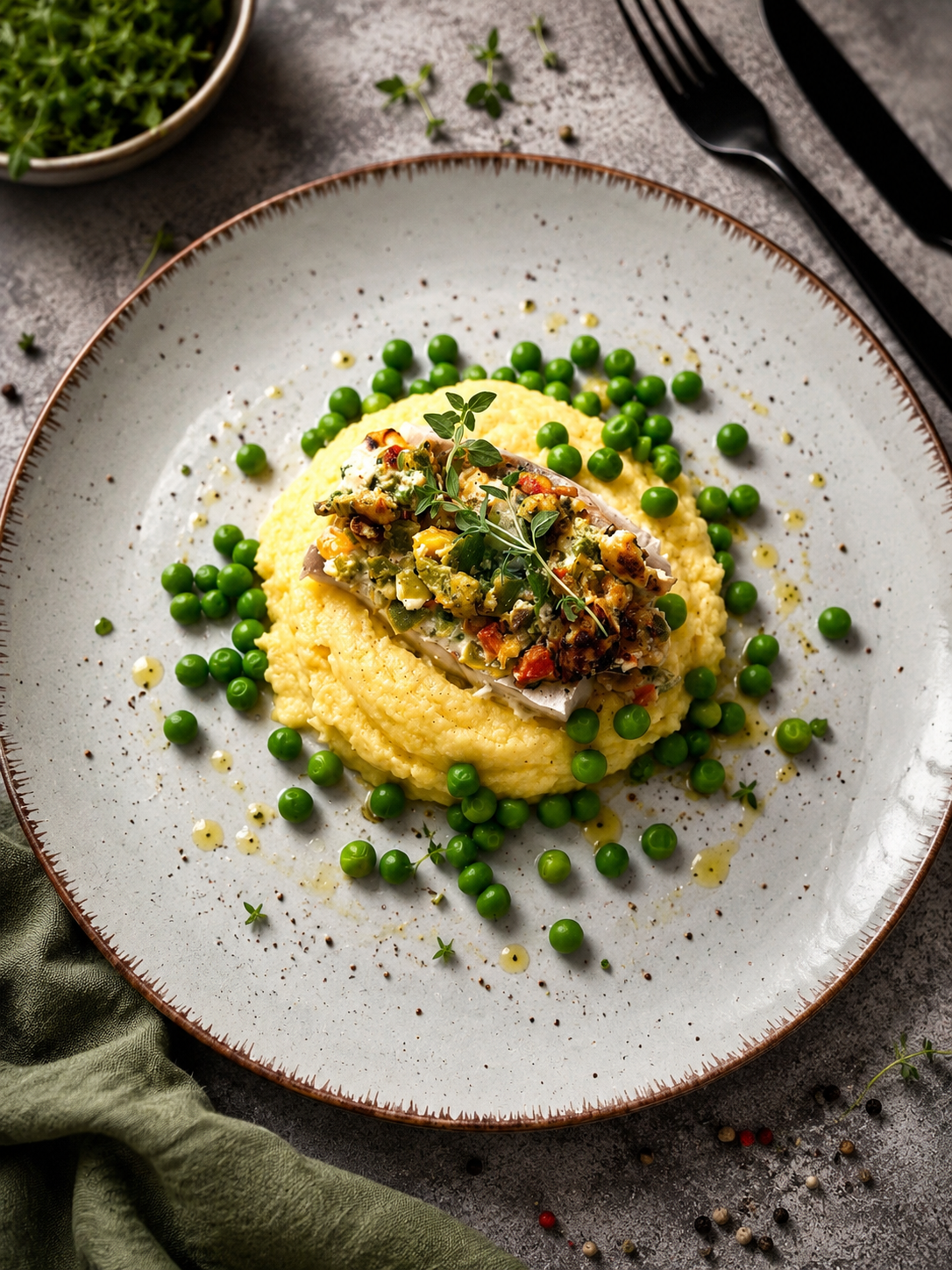 Keto ryba pieczona pod kolorową pierzynką z puree z kalafiora