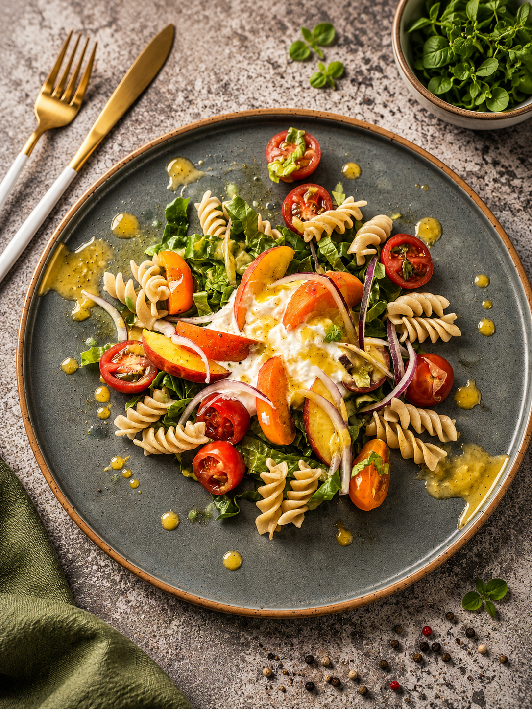 Letnia sałatka makaronowa z serem stracciatella i brzoskwinią / dressing bazyliowy z chili