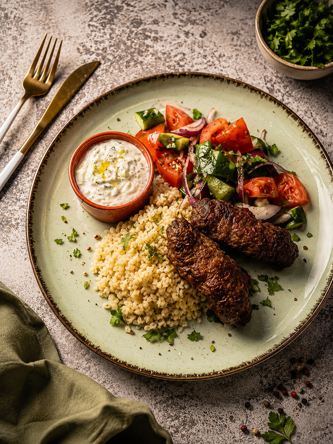 Cevapcici wołowe z sałatką szopską i kaszą bulgur