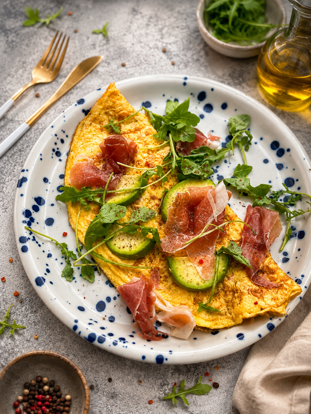 Omlet proteinowy na słono z awokado i szynką parmeńską