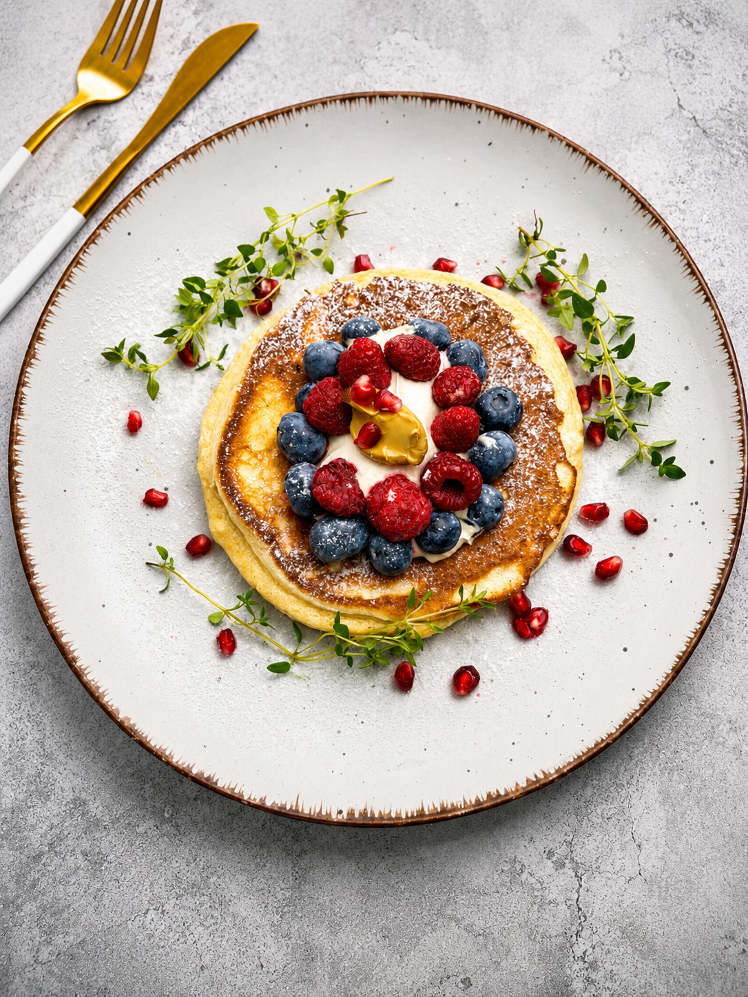 Omlet z patelni proteinowy z owocami jagodowymi i skyrem pistacjowym