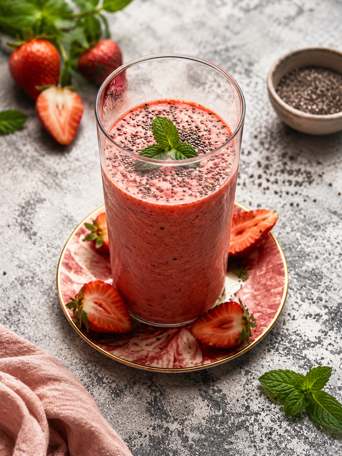 Smoothie na napoju roślinnym truskawka-banan z chia i miętą