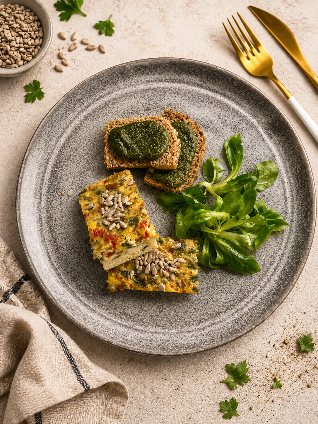 Omlet z salsą z papryki i serem lazur podany z grzanką z pesto