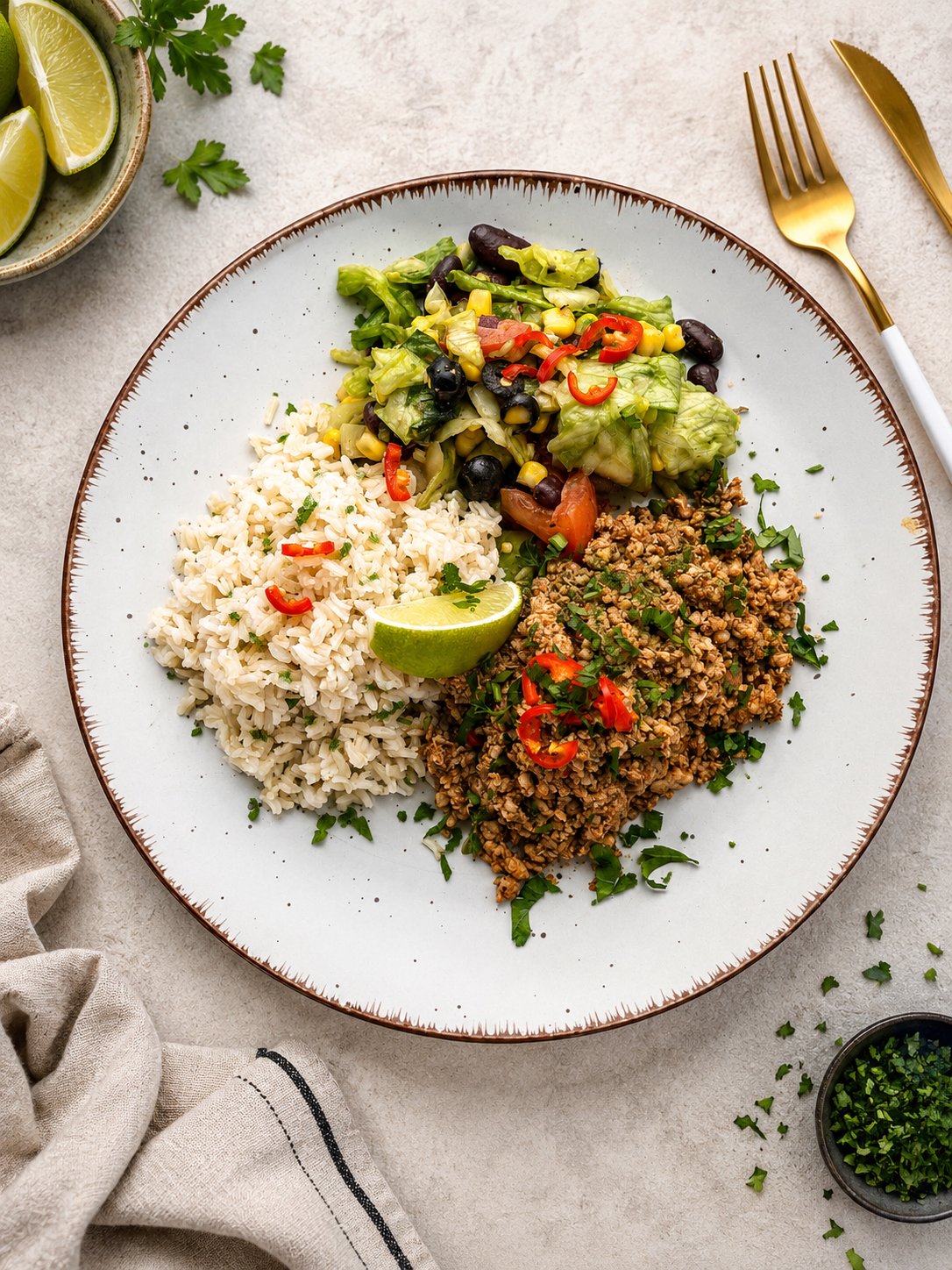 Burrito Bowl z brązowym ryżem, soczystym kurczakiem i świeżymi warzywami, podkręcone nutą limonki