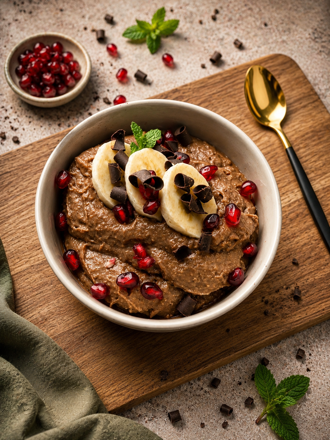 Kakaowa jaglanka z bananem, granatem i orzechami