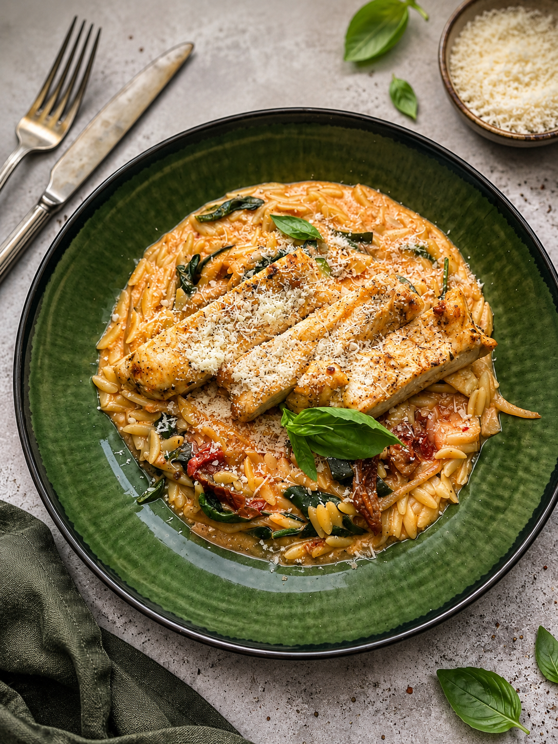 Orzotto z kurczakiem, cukinią i suszonymi pomidorami