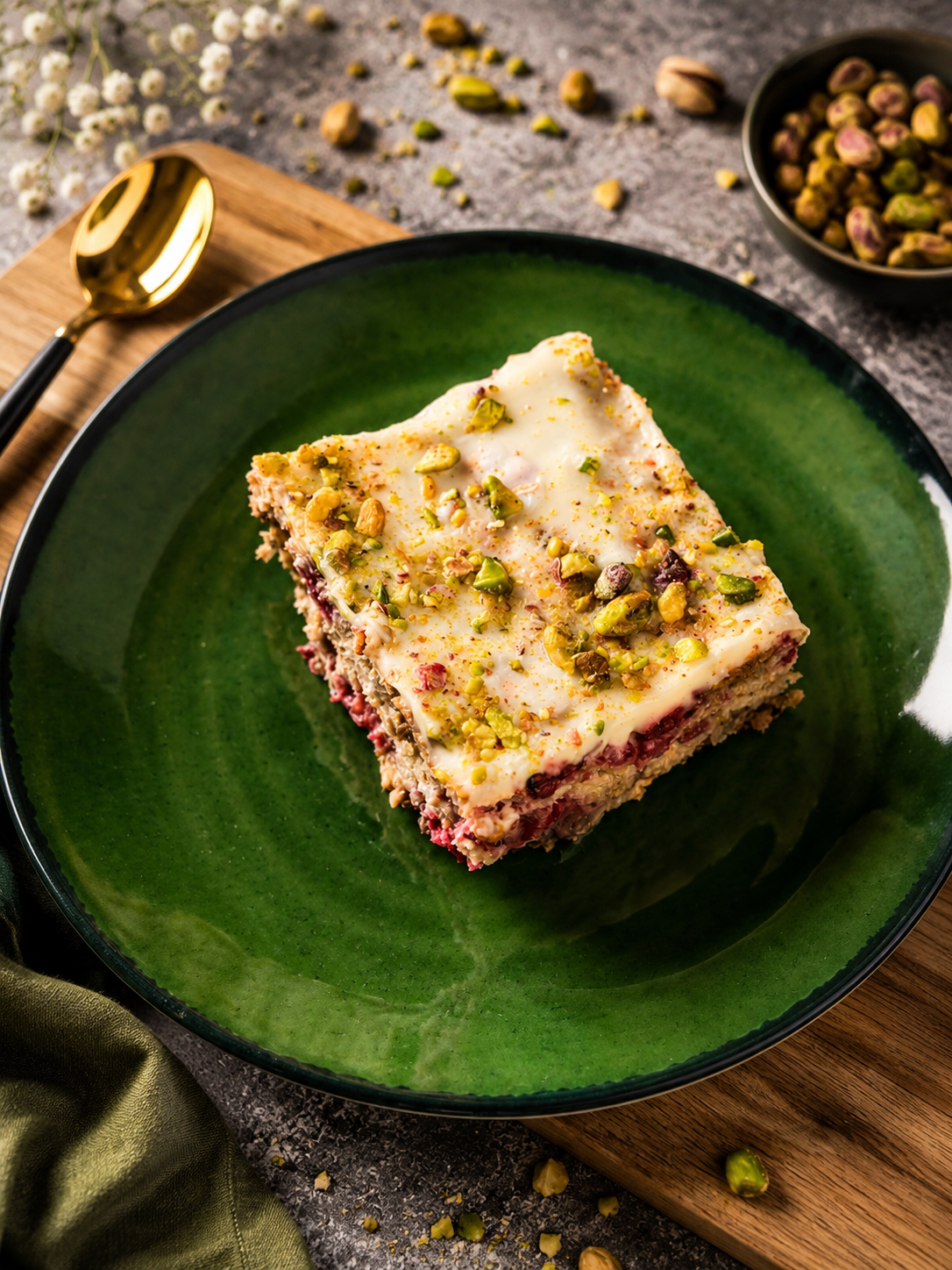 Pieczona owsianka z białą czekoladą, cytryną i pistacjami