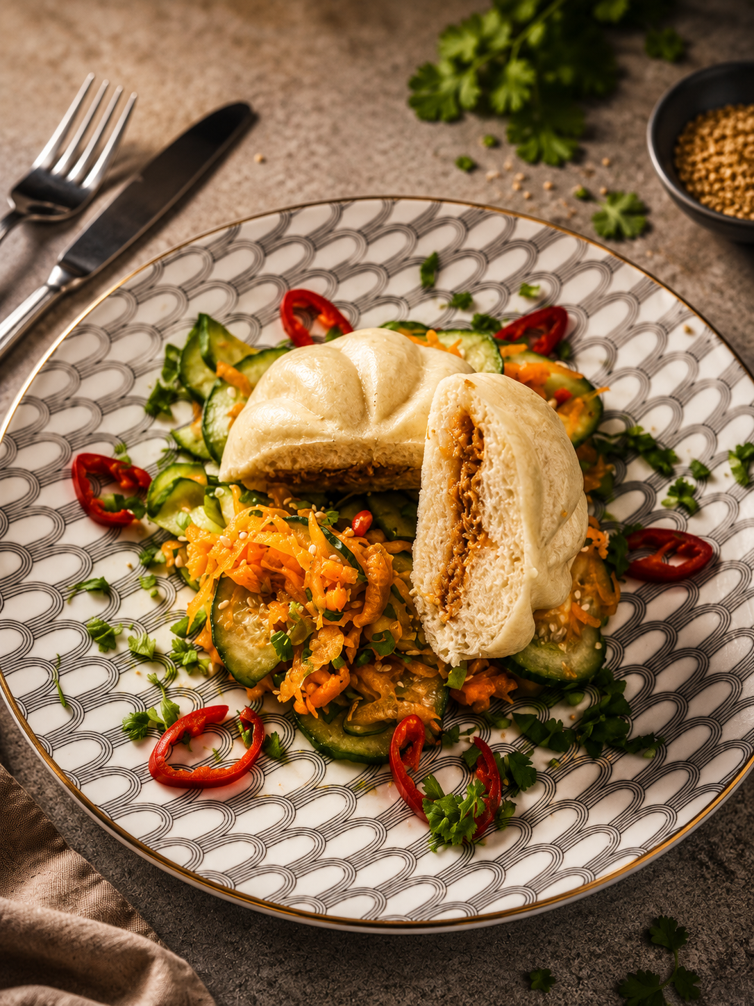 Bułeczki baozi z tofu i chili podane z surówką z ogórka, marchewki i sezamu