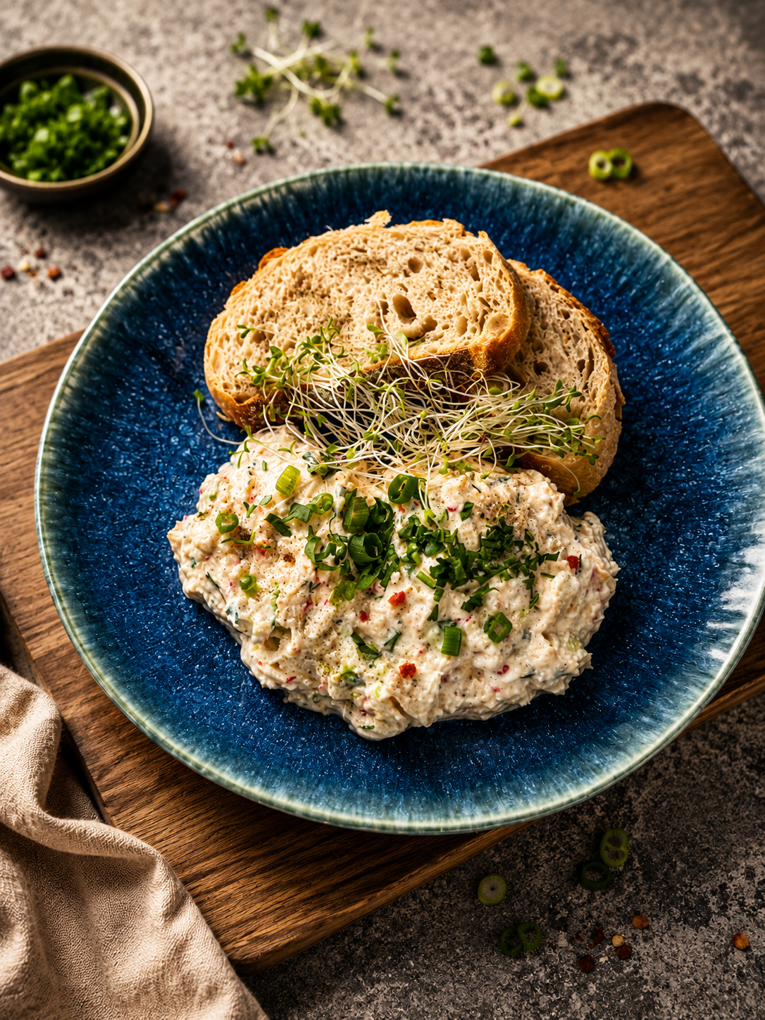 Wysokobiałkowa pasta z wędzonym łososiem podana z bułeczką ziemniaczaną