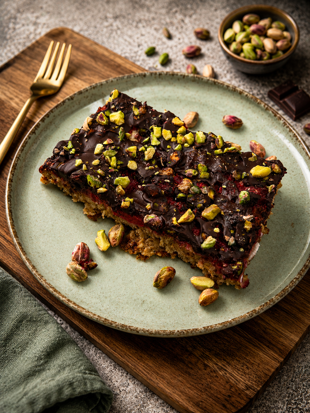 Pieczona owsianka z gorzką czekoladą, cytryną i pistacjami