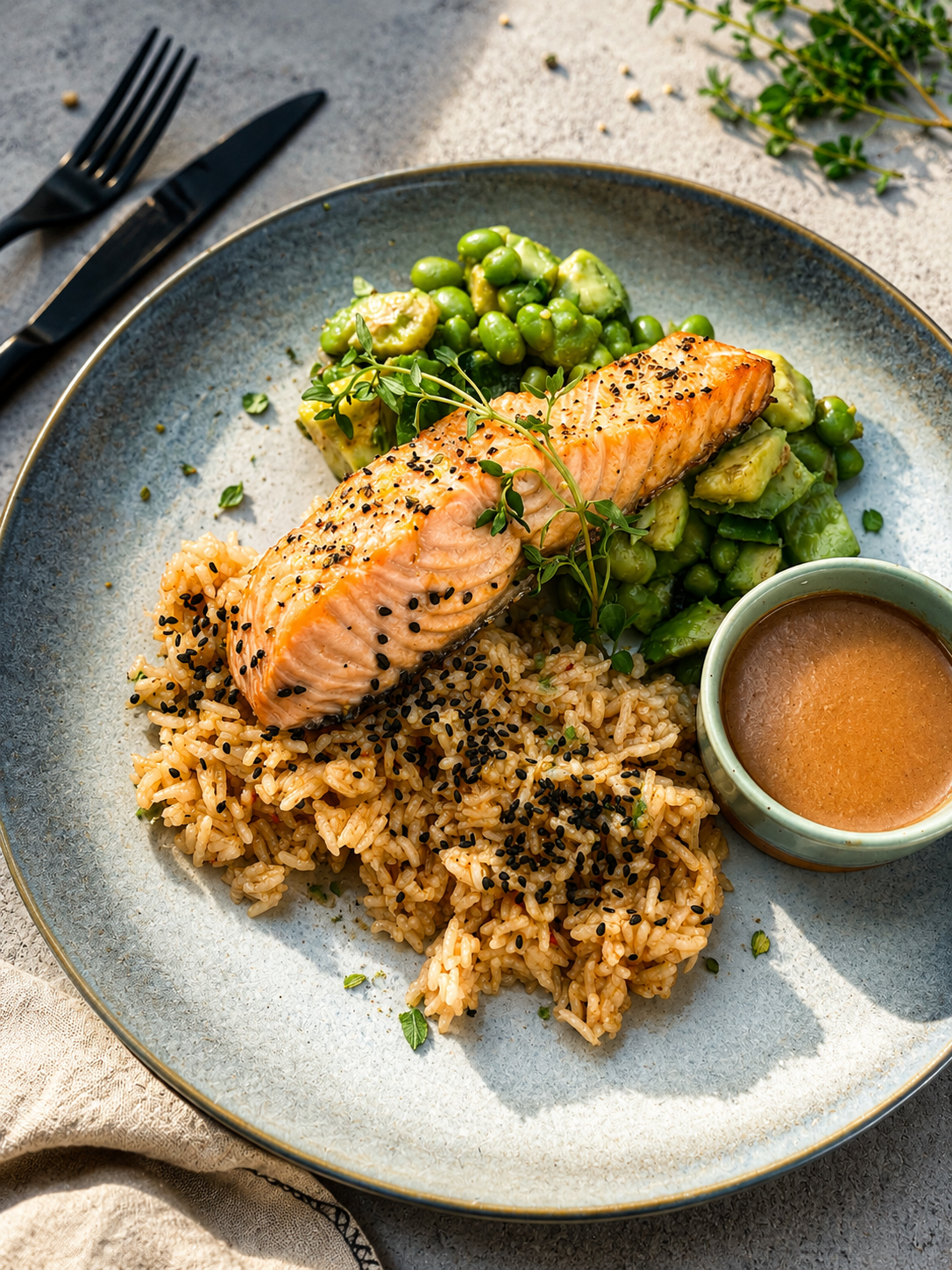 Bowl z łososiem, ryżem basmati, fasolką edamame, awokado i dressingiem z imbirem i sambal oelek