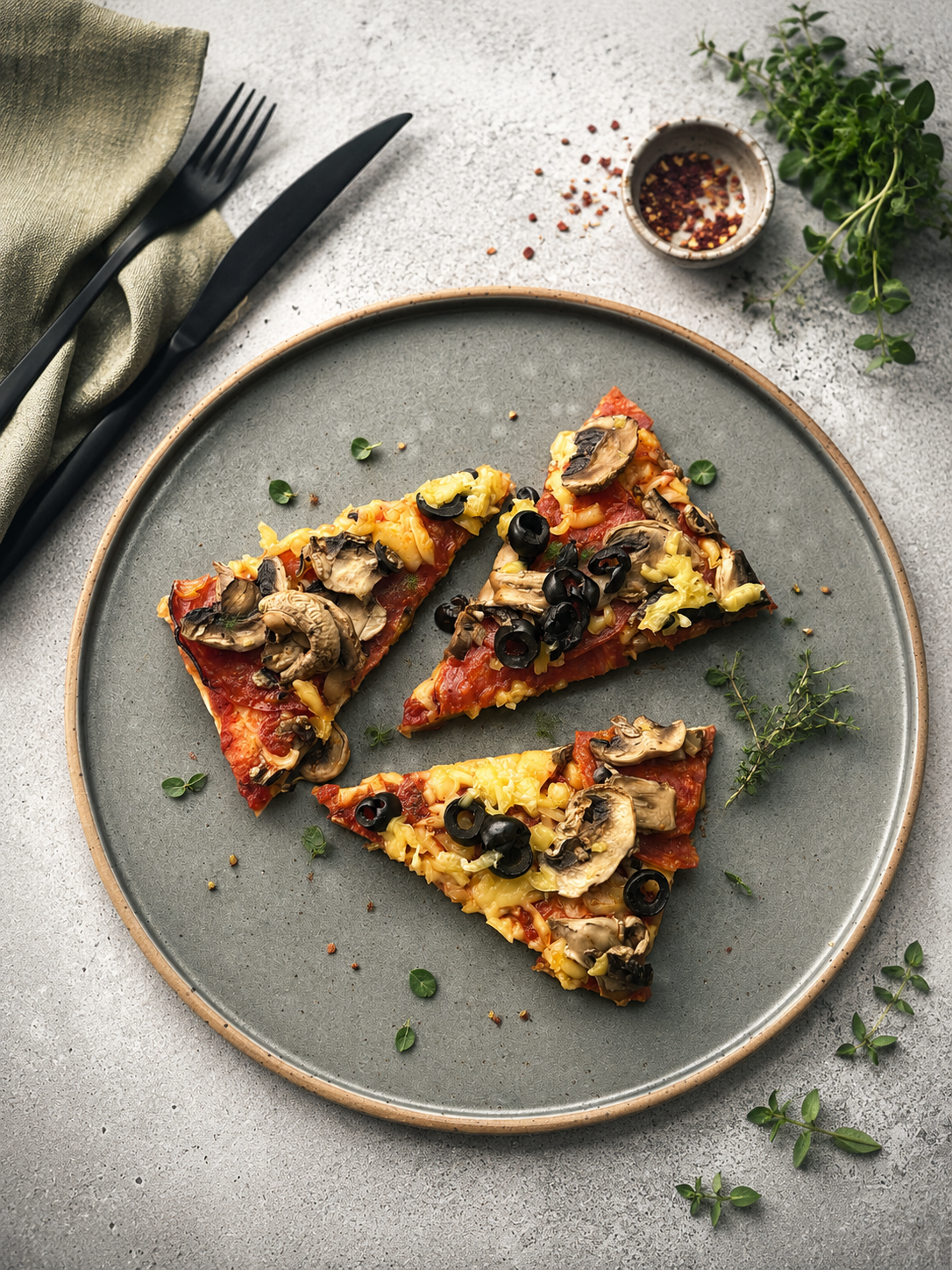 Pizza bezglutenowa z roślinnym serem, oliwkami i chorizo
