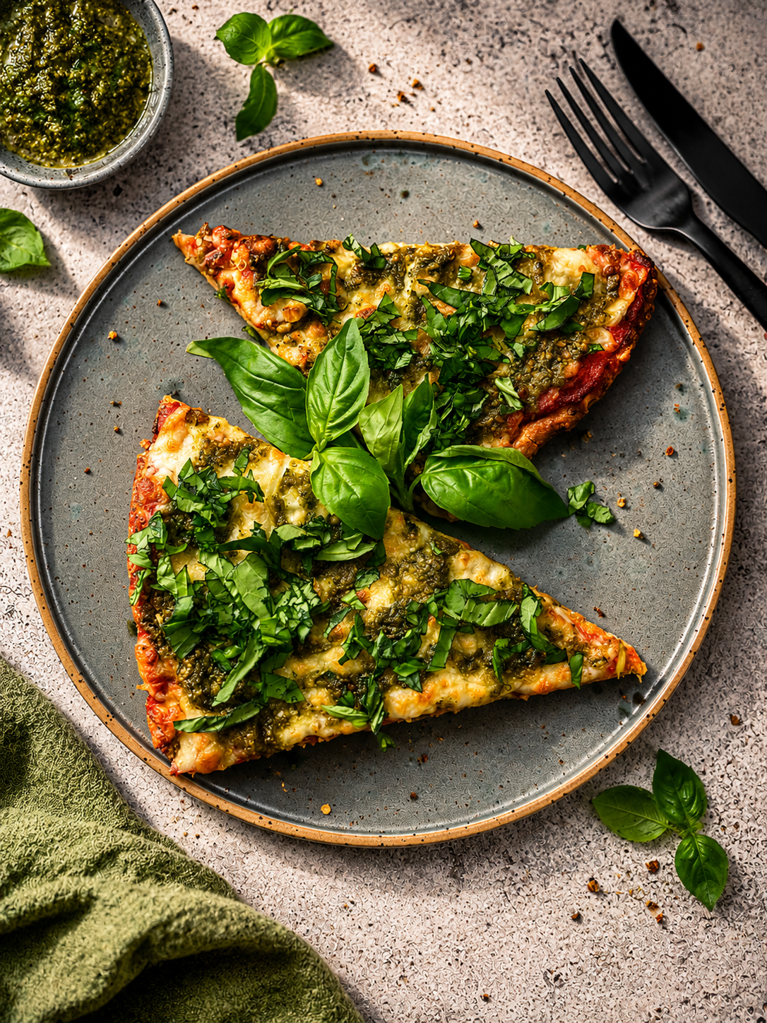 Keto pizza na spodzie z kalafiora z bazyliowym pesto