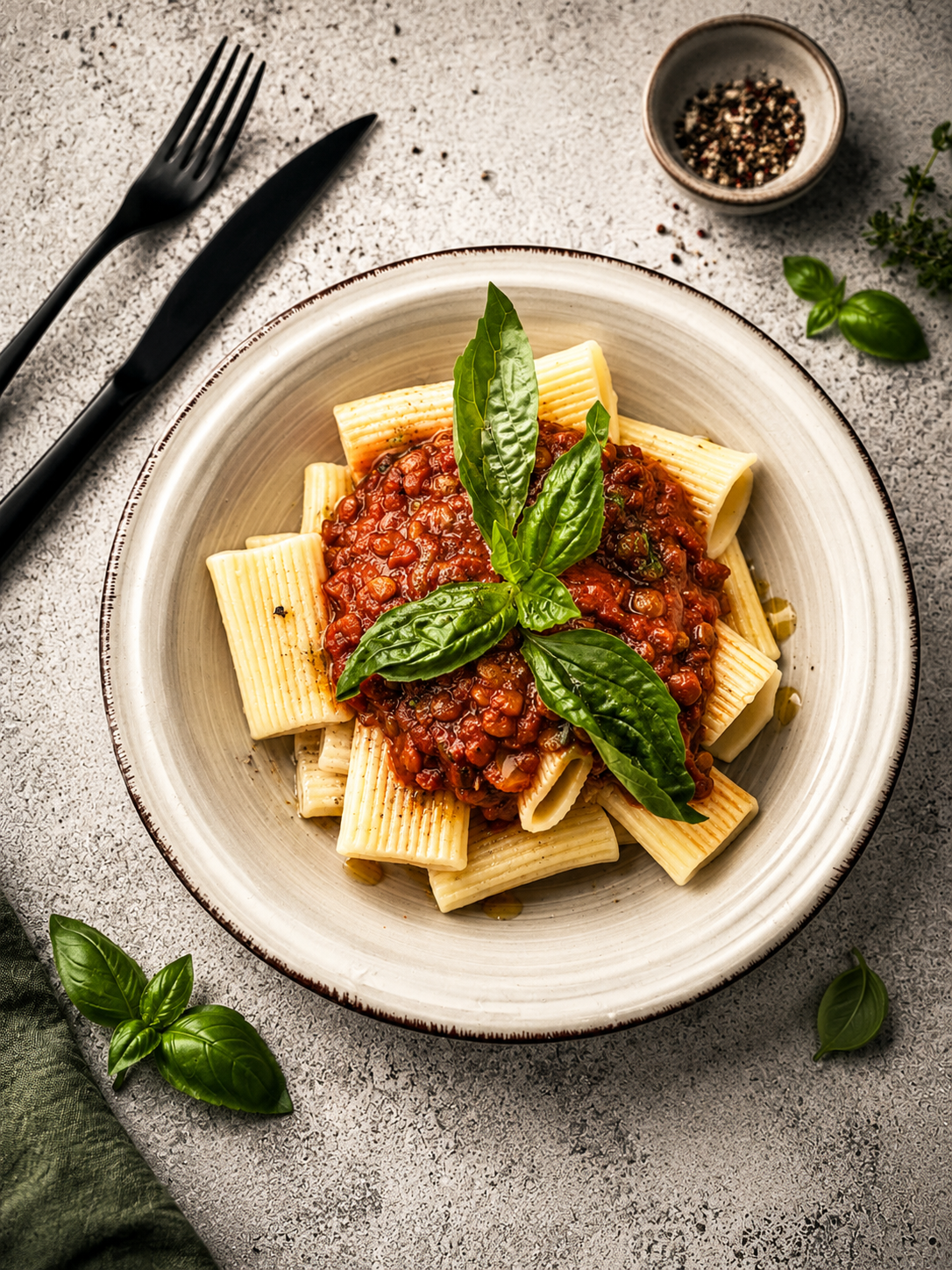 Rigatoni z sosem pomidorowy, z soczewicą i parmezanem