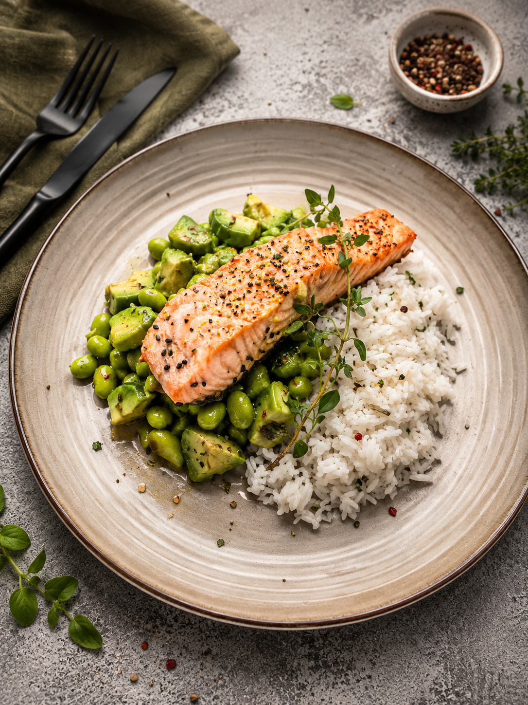 Bowl z łososiem, ryżem basmati, fasolką edamame, awokado
