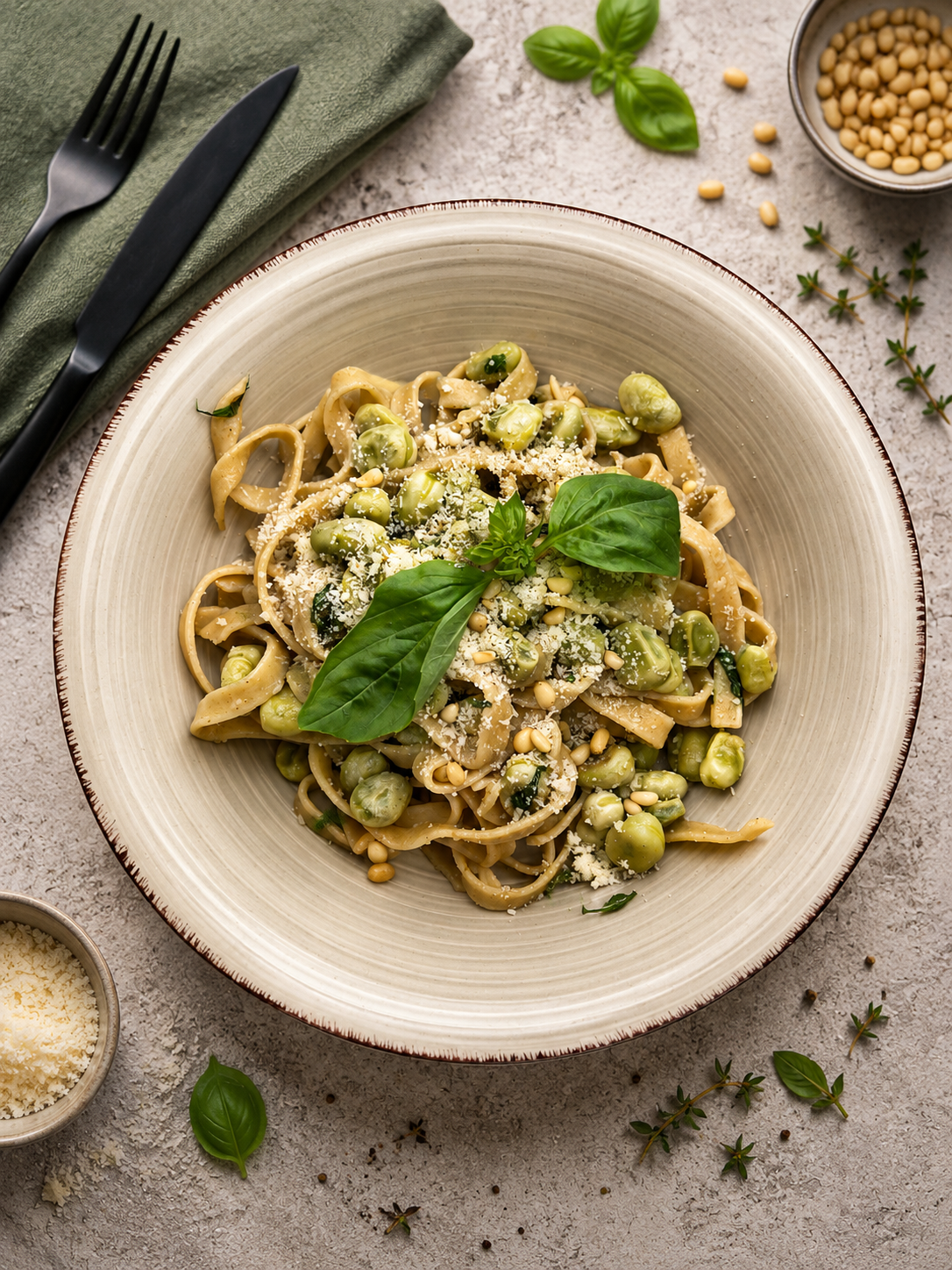 Wege makaron z pesto, bobem i bazylią