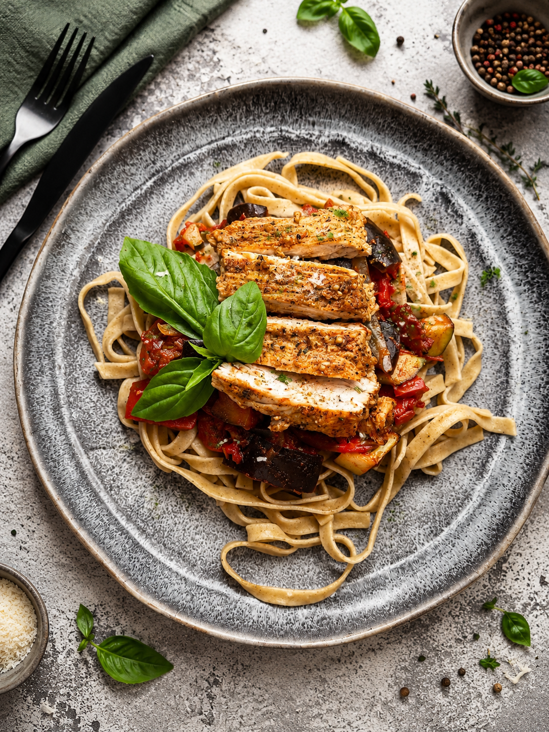 Indyk na ratatouille z bazyliowym parmezanem i tagliatelle pełoziarnistym