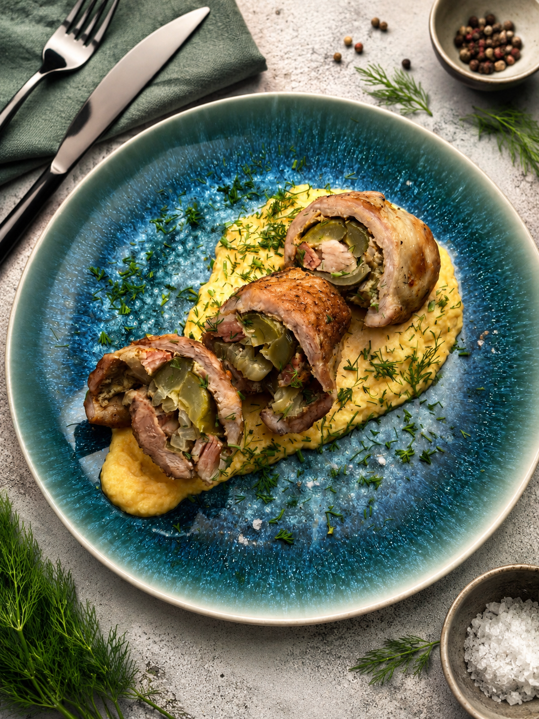 Roladka wieprzowa z boczkiem i ogórkiem kiszonym / Maślano-śmietankowe puree z kalafiora z odrobiny marchewki