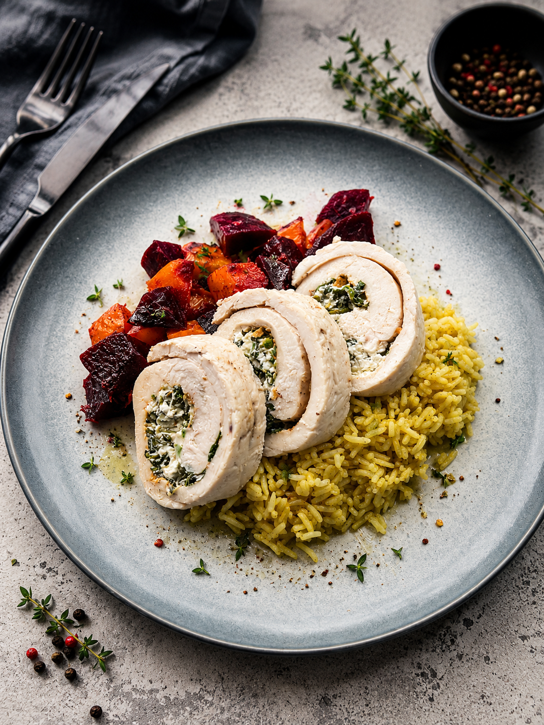 Roladki z fetą i szpinakiem podane z ryżem z curry, dynią i burakiem