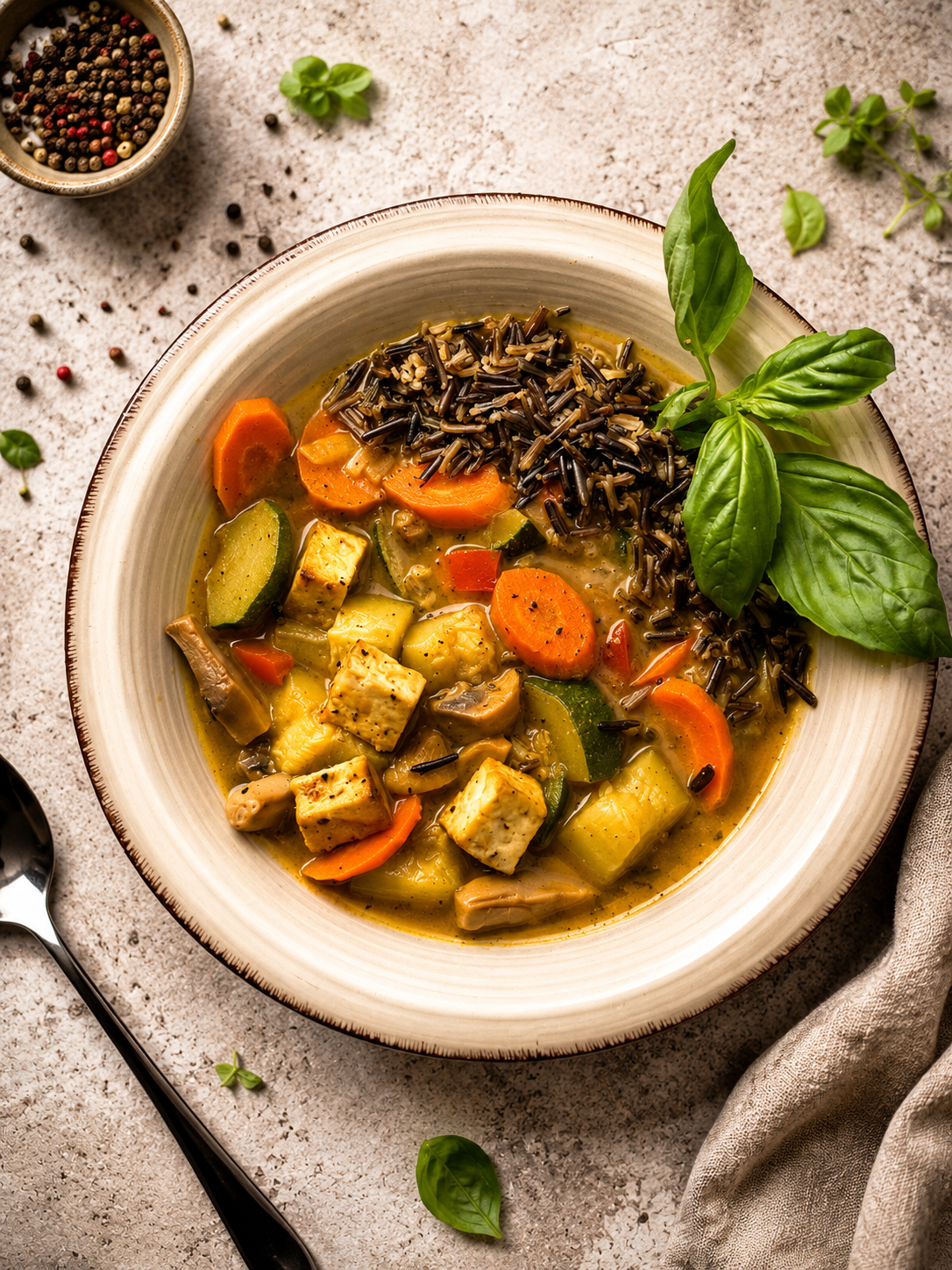 Wegetariański gulasz z warzywami i tofu podany z ryżem czarnym