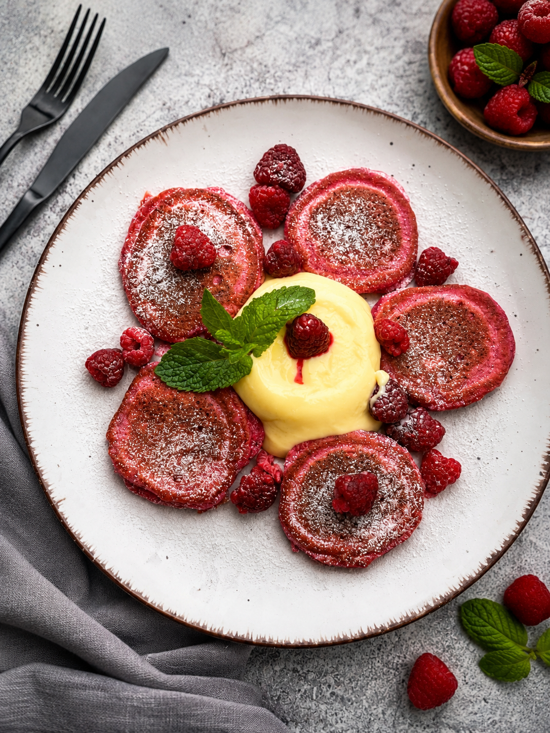 Różowe placuszki proteinowe podane z puddingiem waniliowym