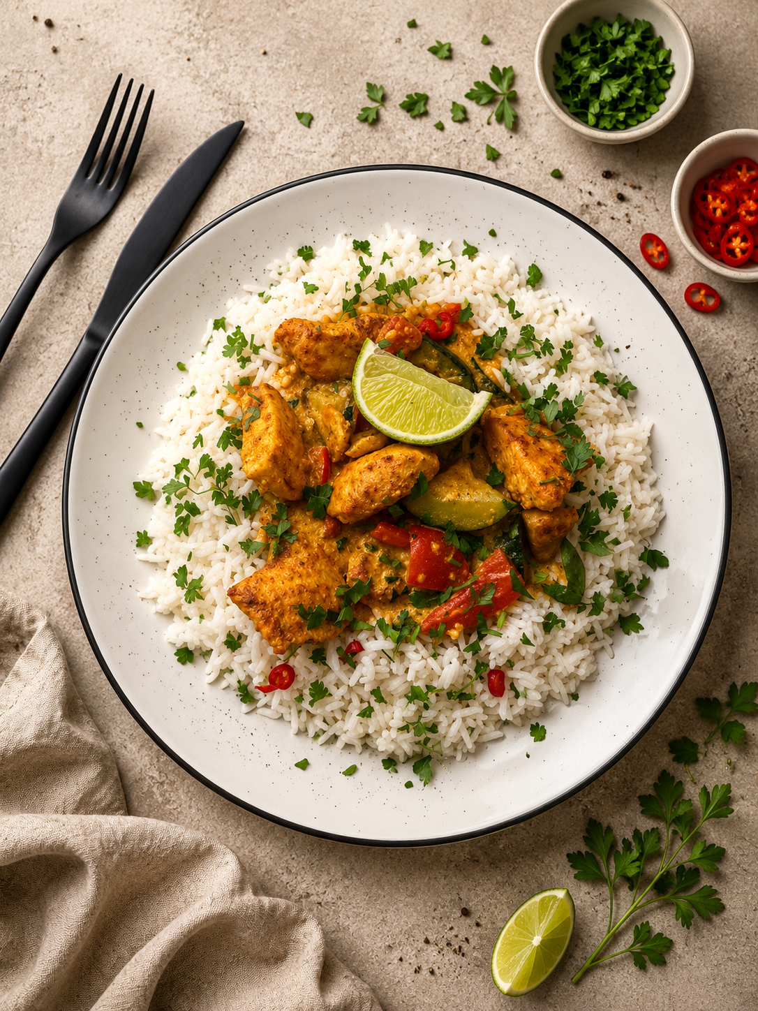 Zielone curry z kurczakiem i papryką podane z ryżem basmati