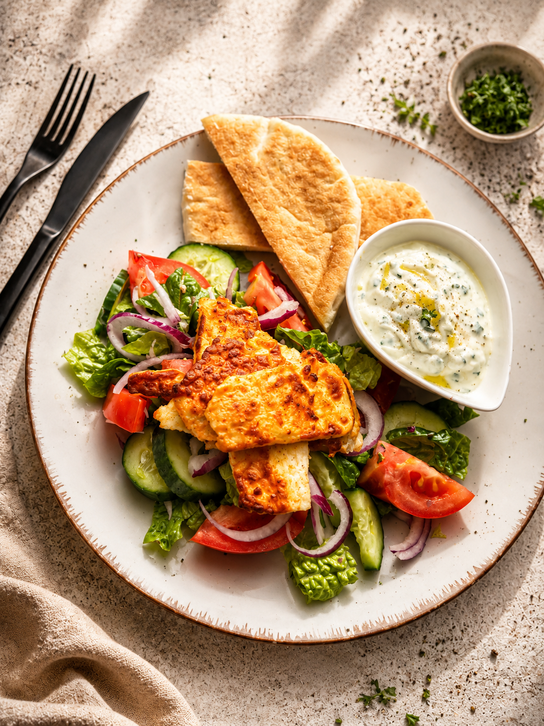 Halloumi kebab w chlebku pita ze świeżymi warzywami i sosem jogurtowym
