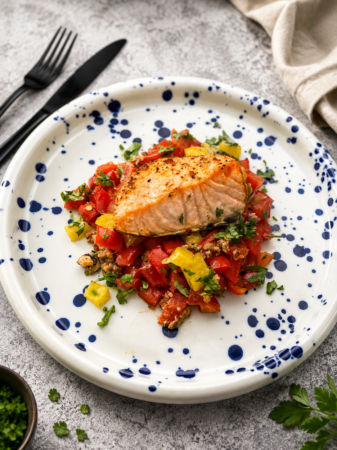 Pieczony filet z łososia w pieprzu cytrynowym podany z kolorową salsą z papryki, kolendry i orzechów włoskich