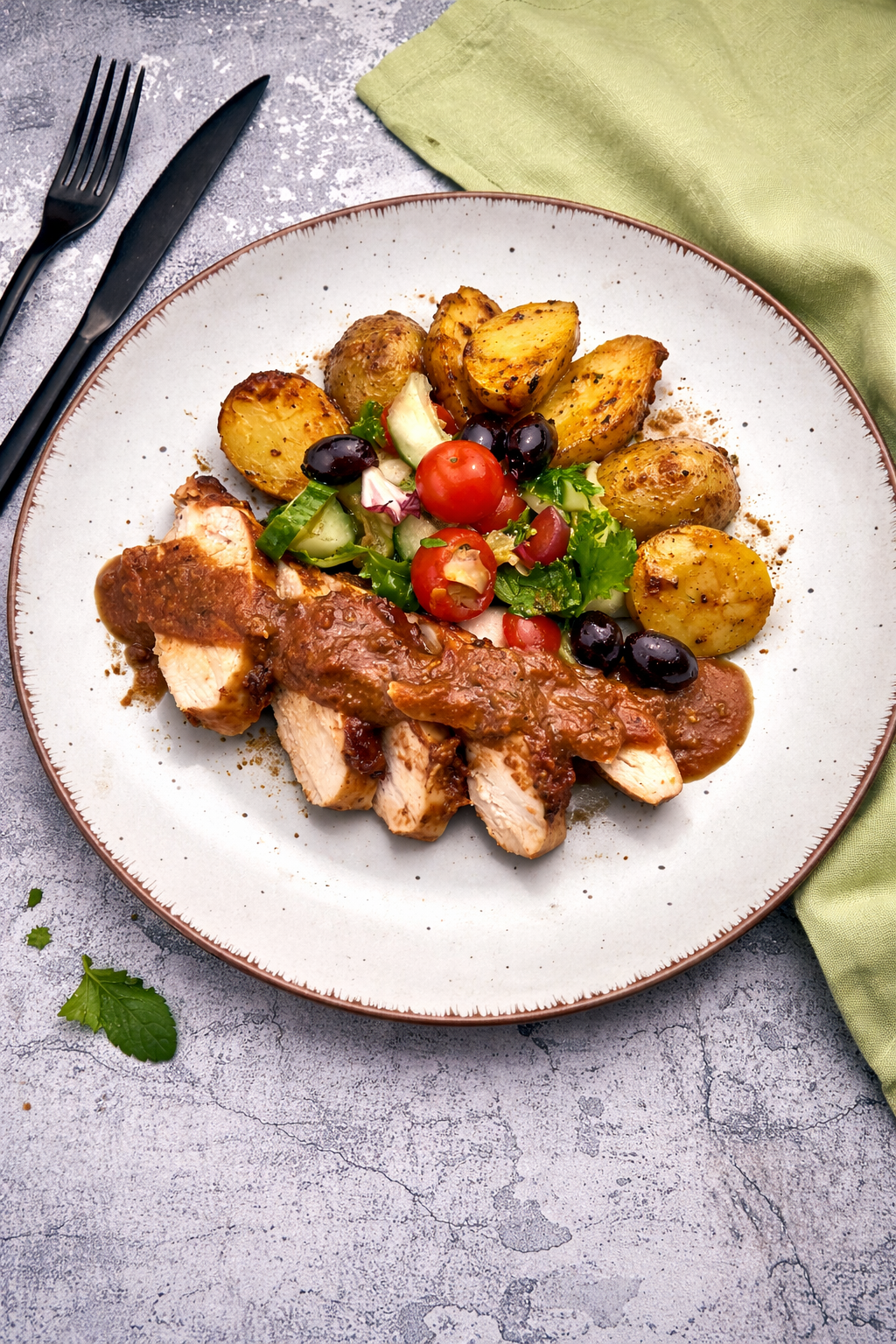 Kurczak w sosie barbecue z ziemniaczkami i świeżą sałatką