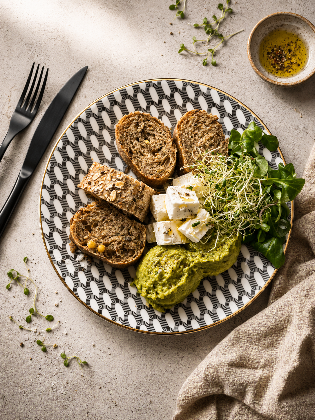 Hummus z bobu z fetą i bagietką pełnoziarnistą