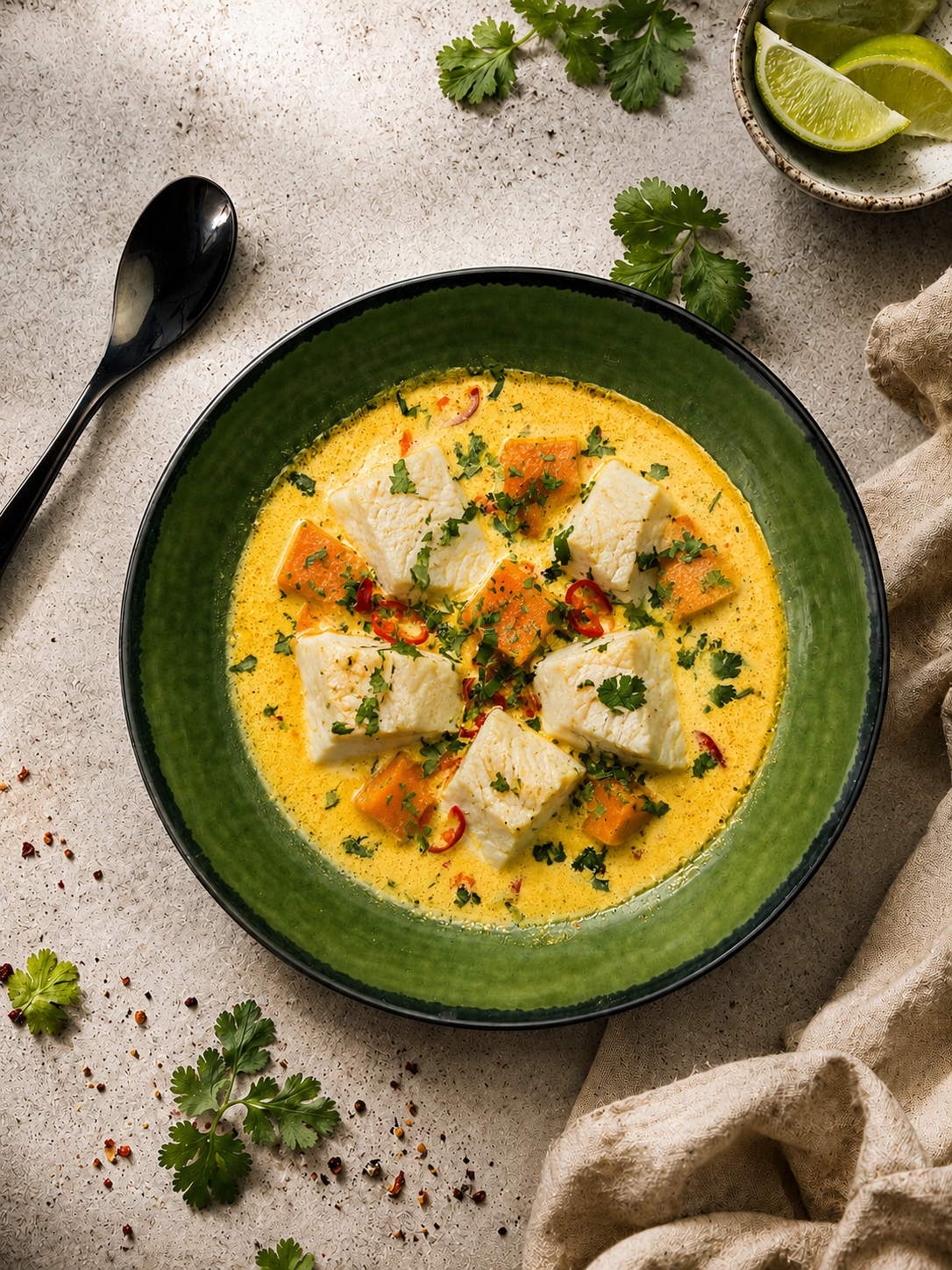 Tajska zupa z dorszem, batatami, mleczkiem kokosowym i kolendrą