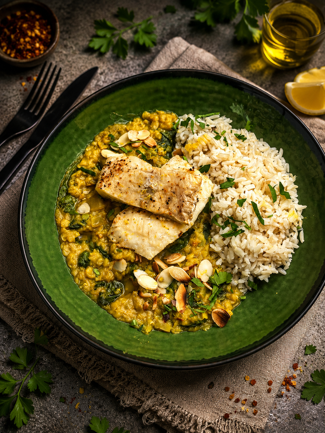 Aromatyczny indyjki dal z dorszem, szpinakiem i soczewicą podany z brązowym ryżem